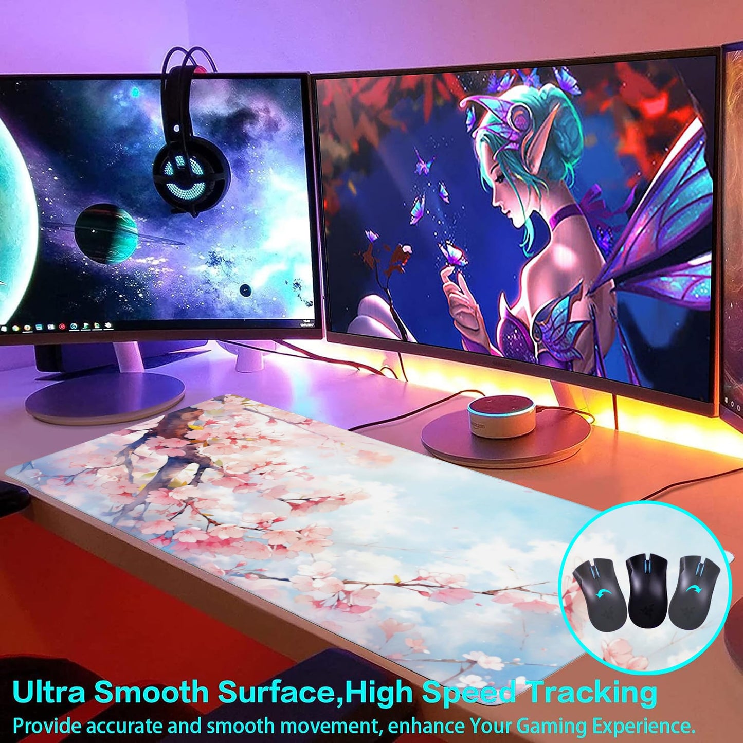 Large Gaming Mouse Pad for Desk,Cherry Blossom Tree Desk Mat for Desktop,Watercolor Floral Desk