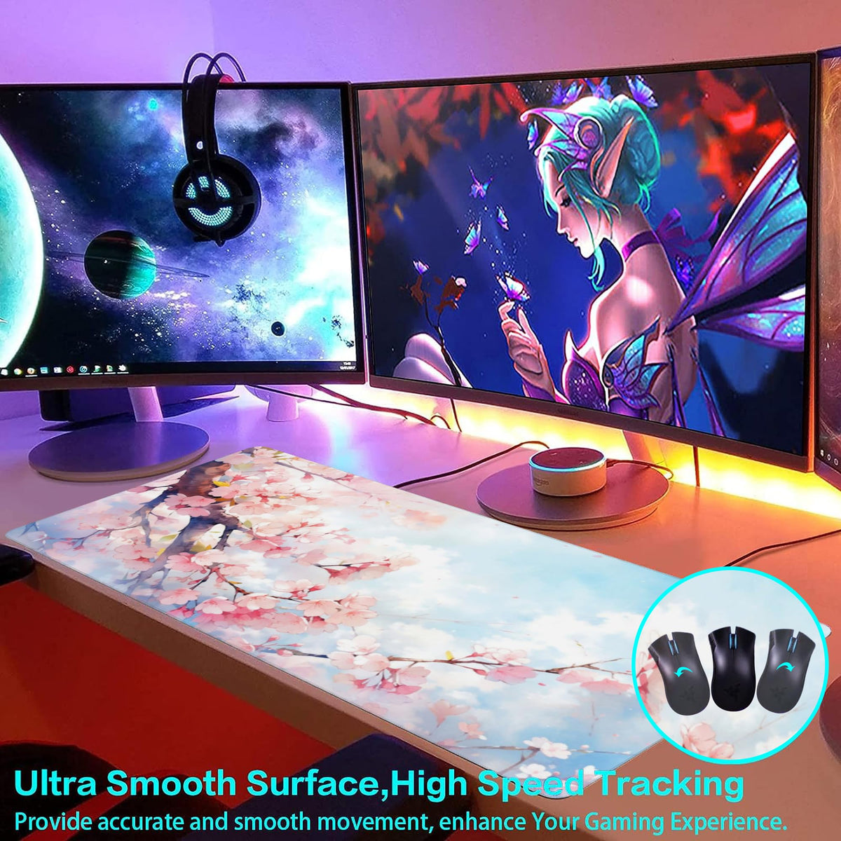 Large Gaming Mouse Pad for Desk,Cherry Blossom Tree Desk Mat for Desktop,Watercolor Floral Desk