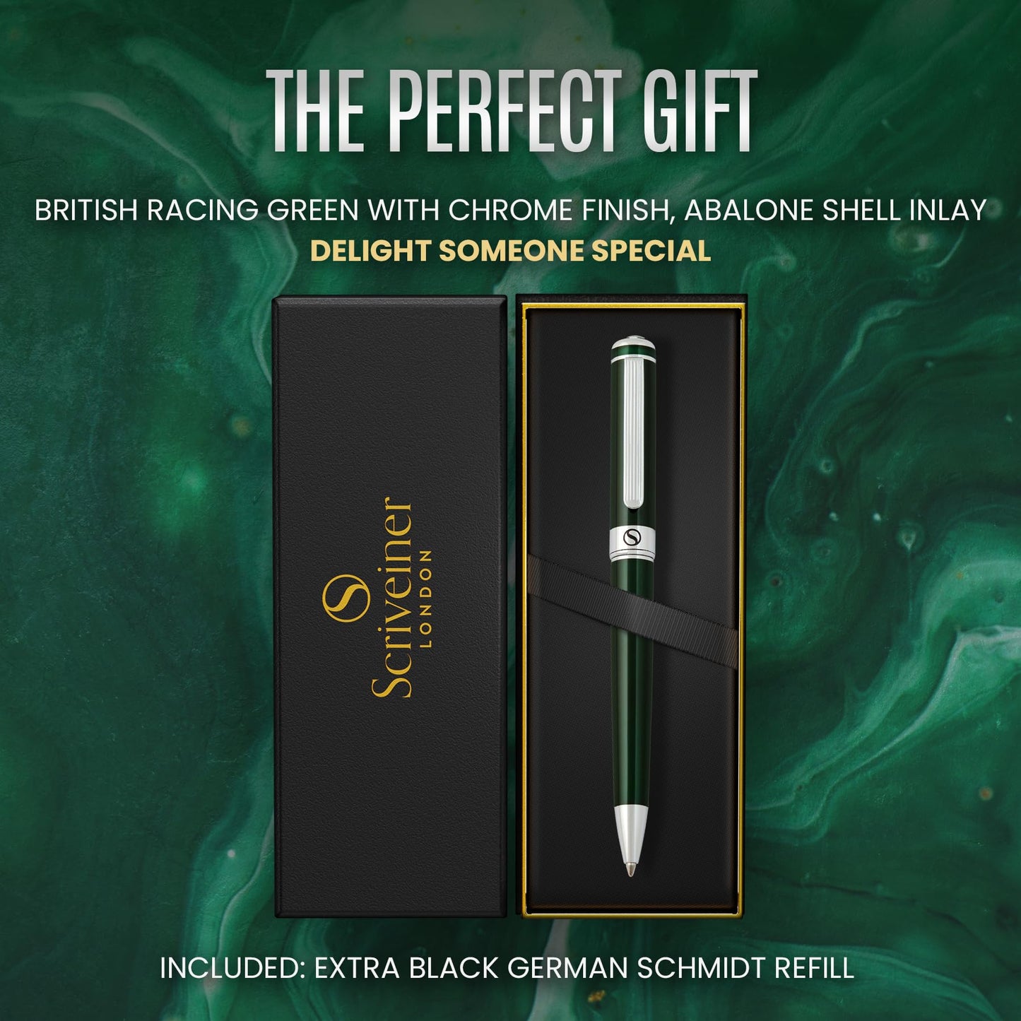 Scriveiner Green Ballpoint Pen - Stunning British Racing Green Luxury Pen, Chrome Finish, Schmidt