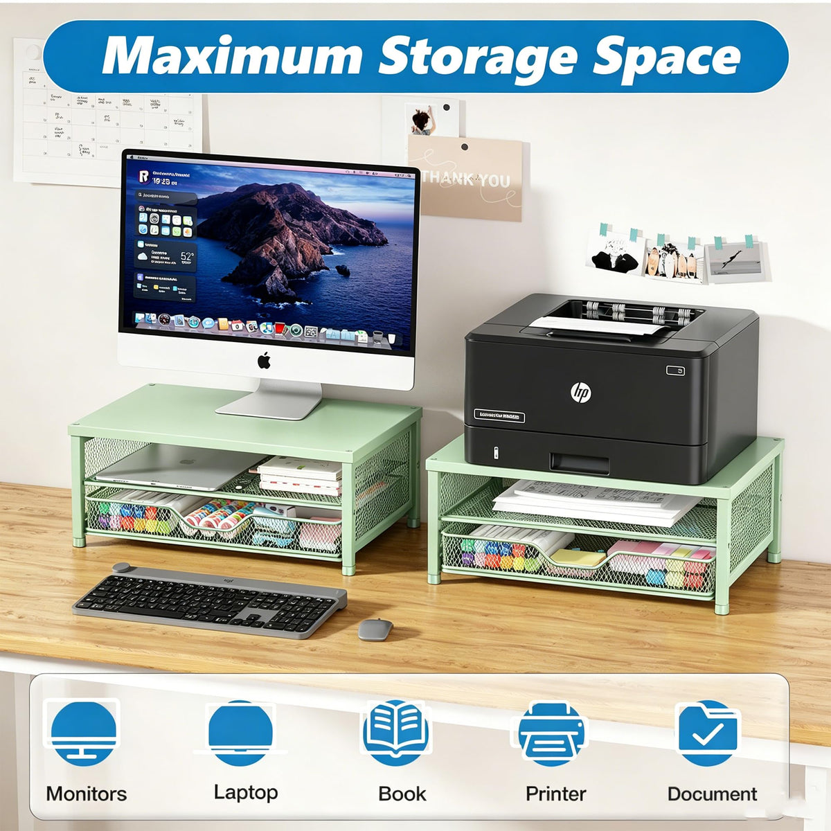 OPNICE Computer Monitor Stand Riser, Desk Organizer with Drawer, Printer & Laptop Stand, Office