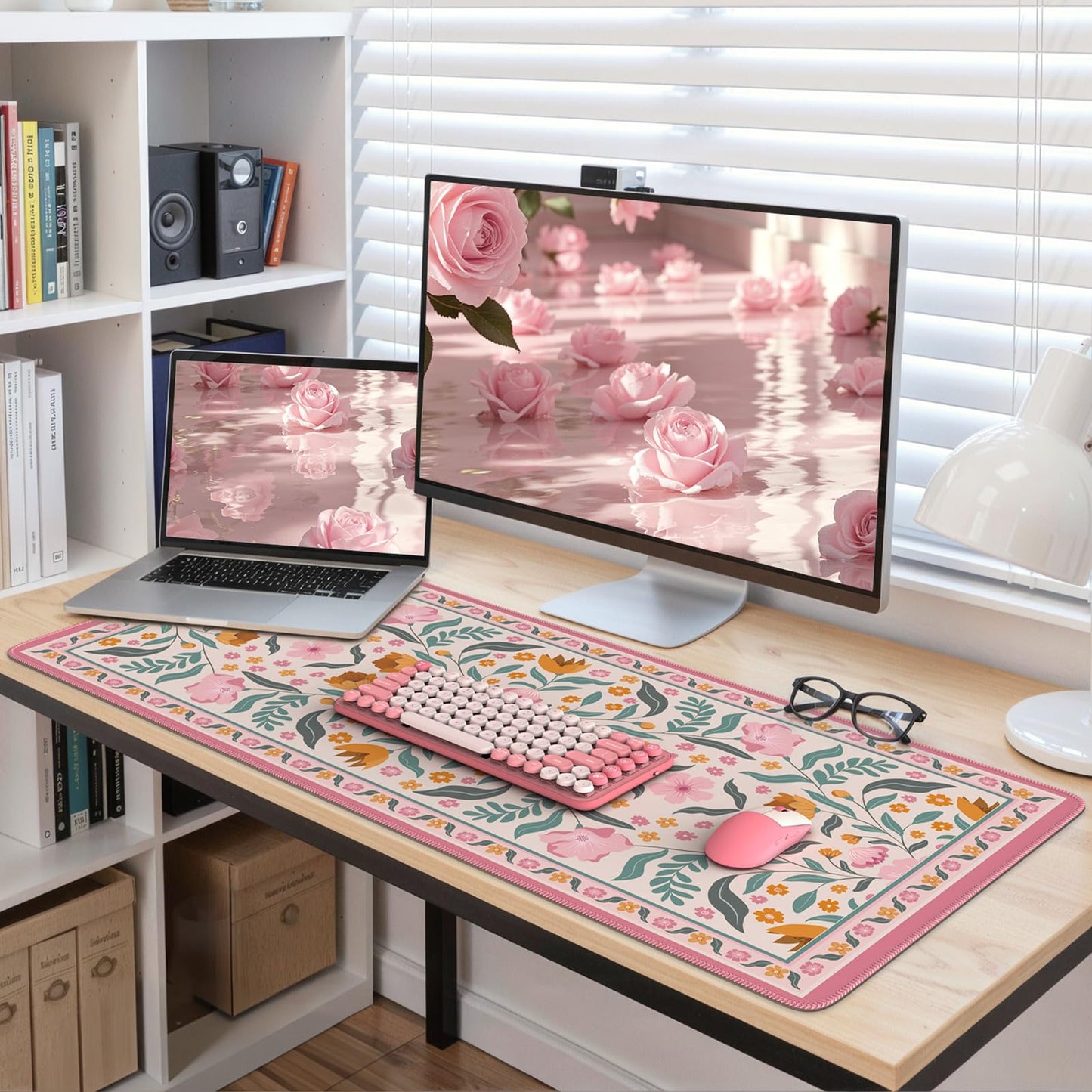 iLeadon Desk Protector Pad Mat Pink, Large Floral Mouse and Keyboard Pad