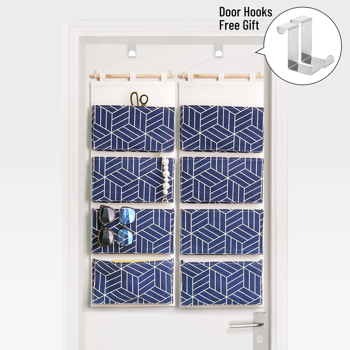 CROWNED 2Pcs Over Door Hanging Storage Bags Wall Mount Closet Organizer, 4 Big Pockets Linen Cotton