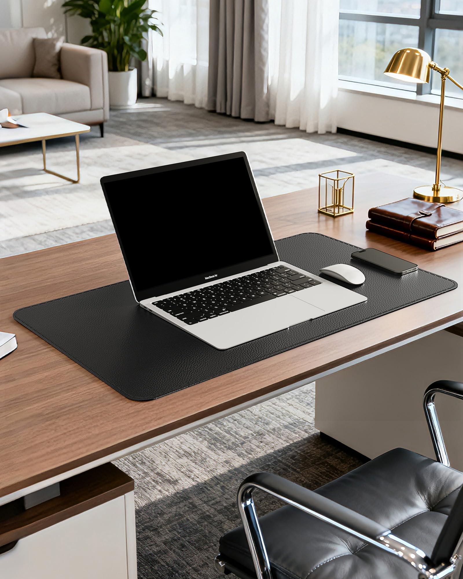 YSAGi Genuine Leather Desk Mat, 23.6"x13.8" Office Desk Pad, Thick Desk Pad Mat with Stitched Line