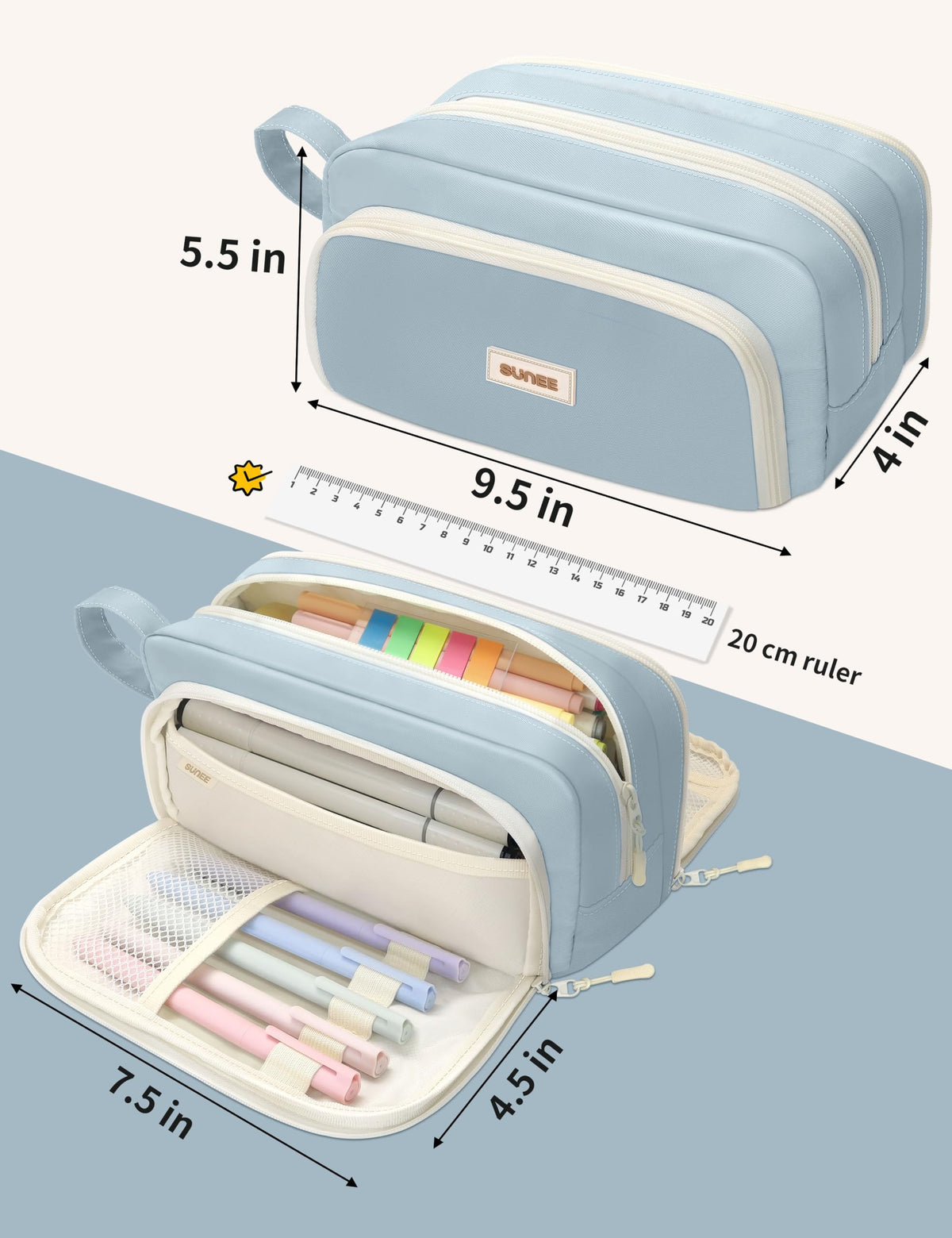 SUNEE Large Pencil Case, Big Capacity Pen Pouch with 3 Compartments, Kawaii Cute Pencil Bag with