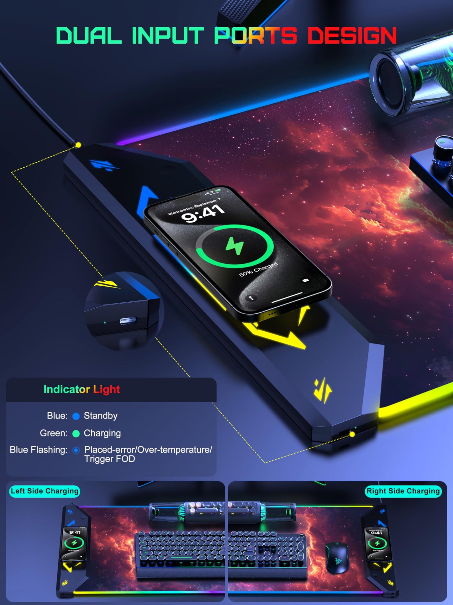 5-in-1 RGB Mouse Pad with Wireless Charging, Gaming Desk Mat, Red Nebula