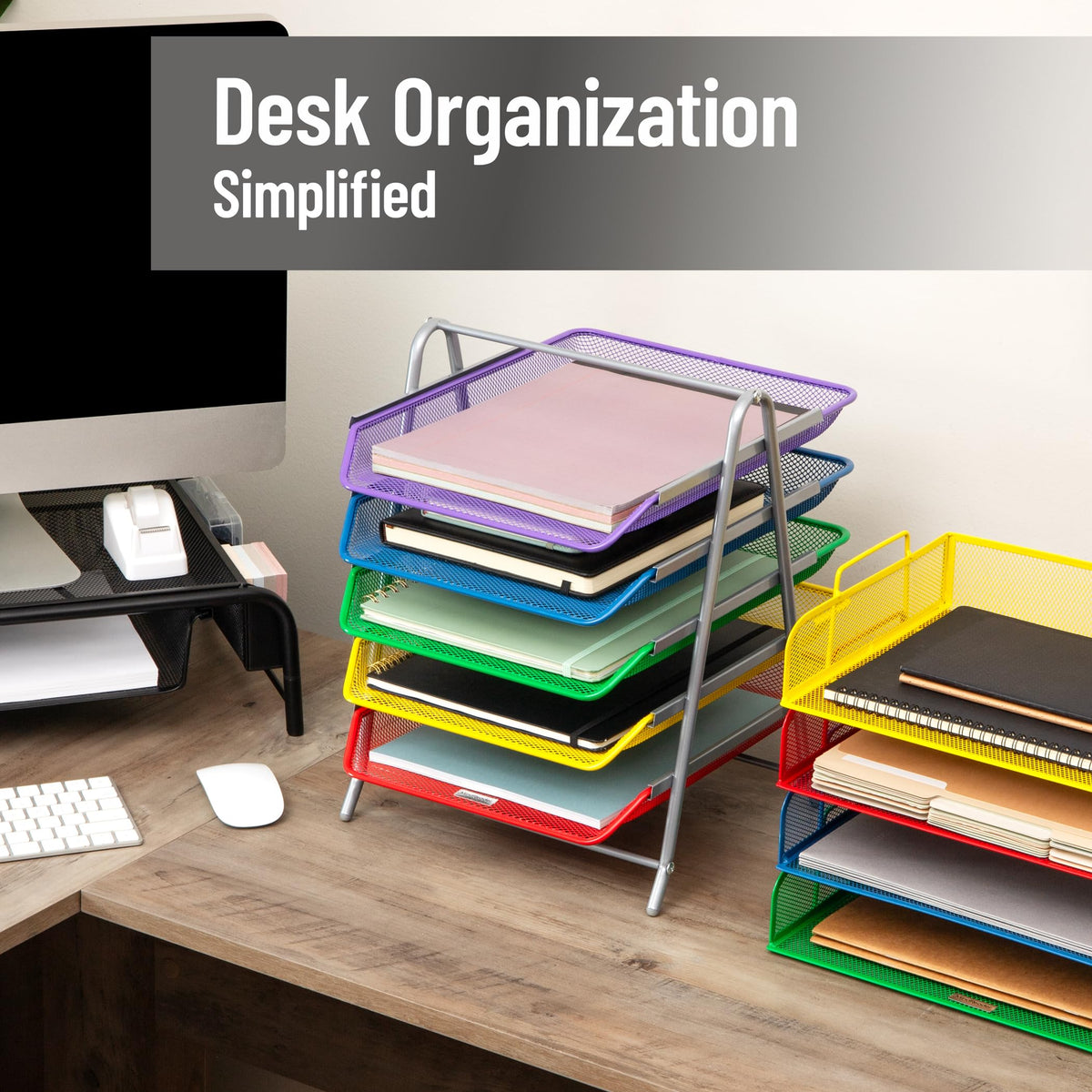 Mind Reader 5-Tier Paper Tray Organizer with Multicolor Trays, Classroom File Organizer for