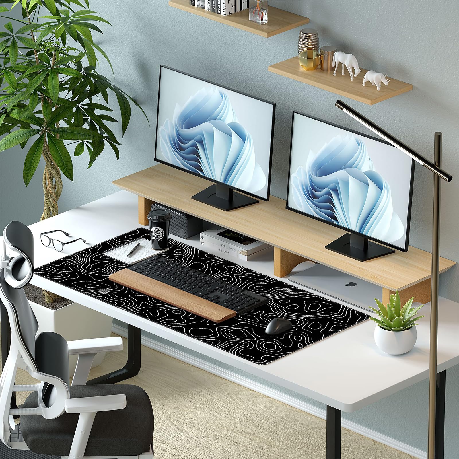 Black and White Topographic Desk Mat, Large Gaming Mouse Pad 31.5x15.7