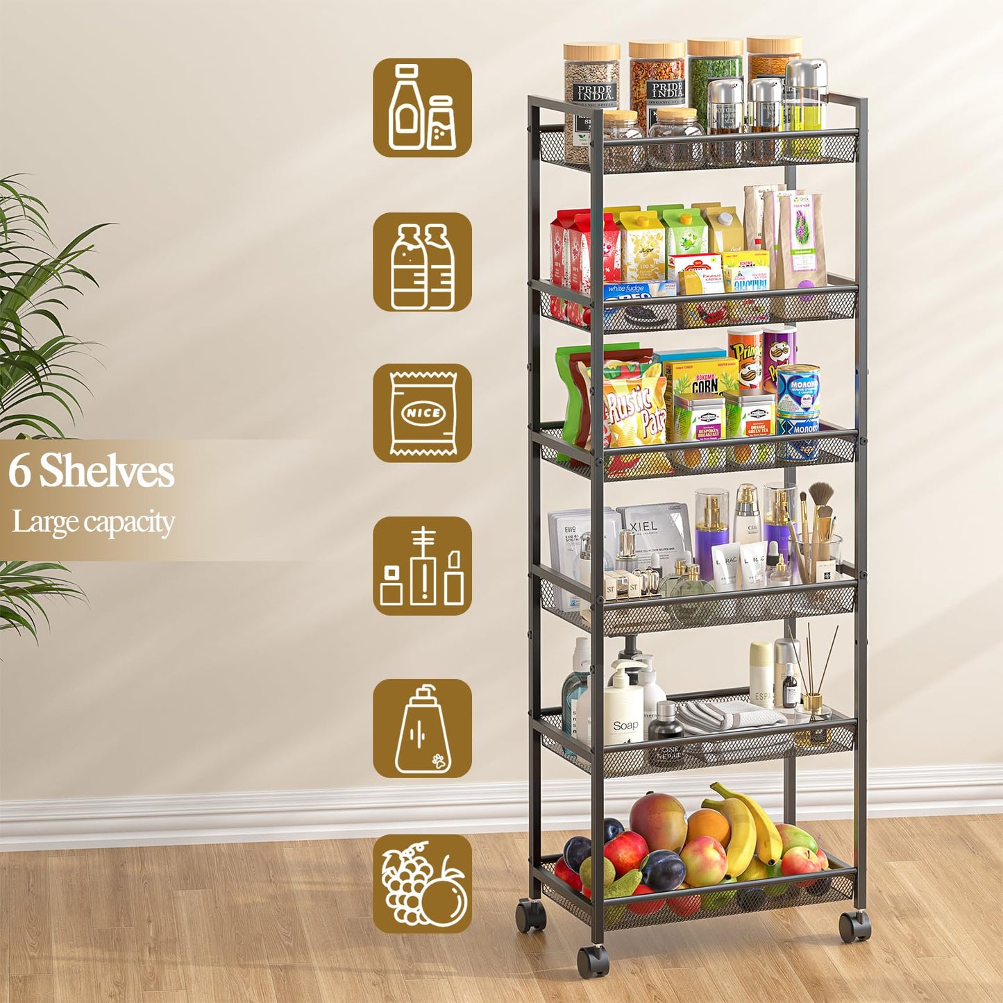 6 Tier Slim Rolling Storage Cart, Narrow Mobile Shelving Unit Organizer Utility Cart with Wheels