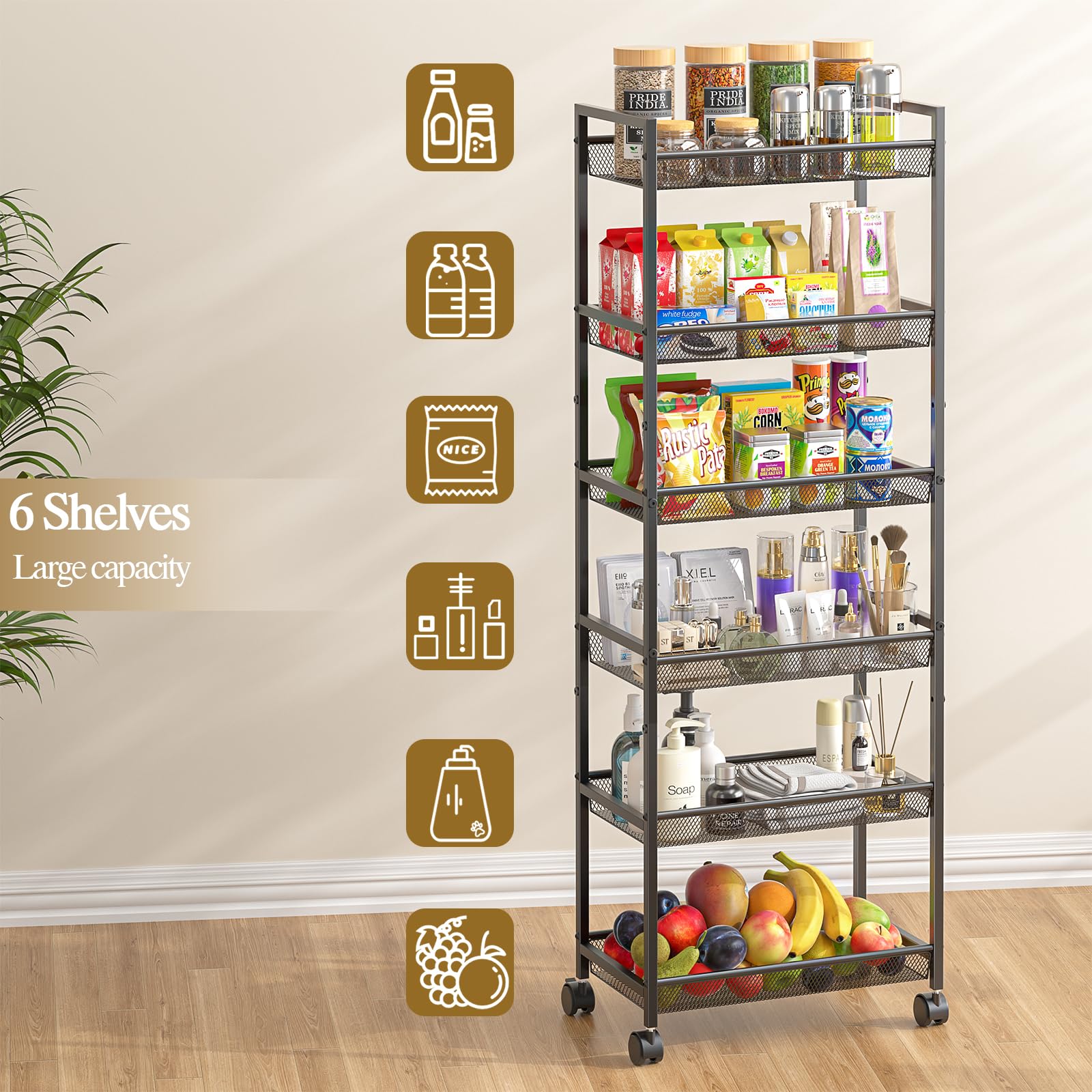 6 Tier Slim Rolling Storage Cart, Narrow Mobile Shelving Unit Organizer Utility Cart with Wheels
