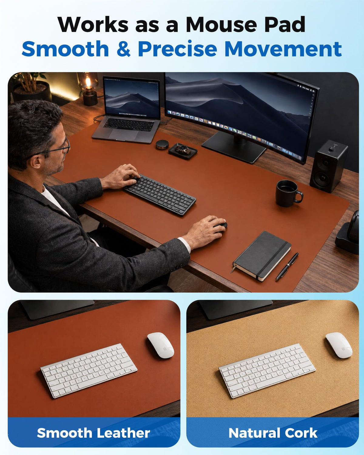 Aothia Dual-Sided Desk Mat - Leather & Cork Desk Protector, Large Mouse Pad & Writing Pad for