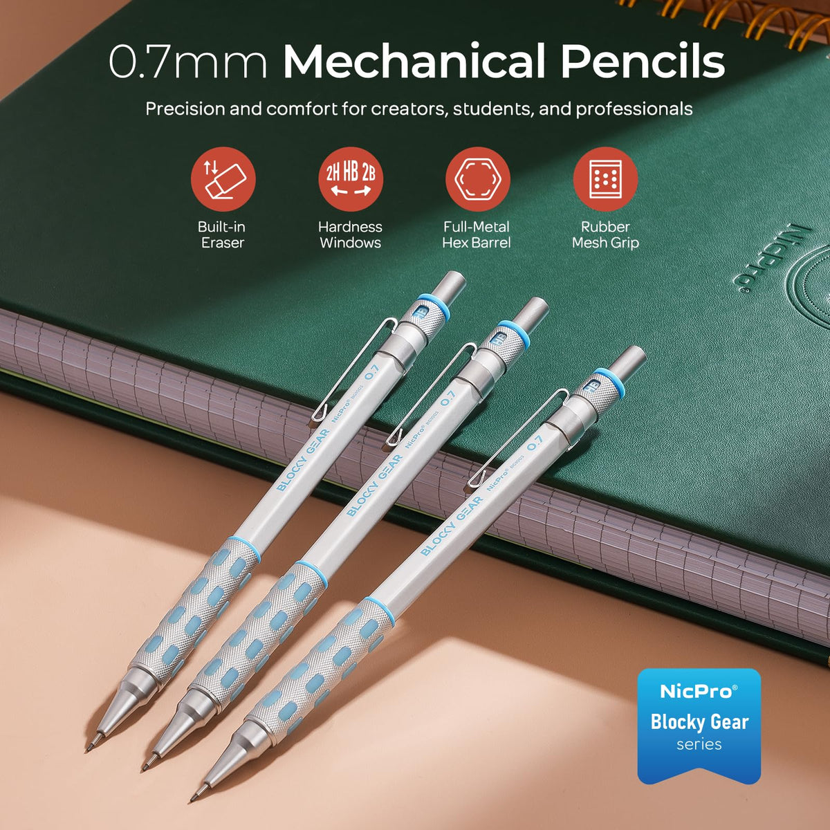 Nicpro Blocky Gear Mechanical Pencils 0.7 mm with Case, 3 Pack