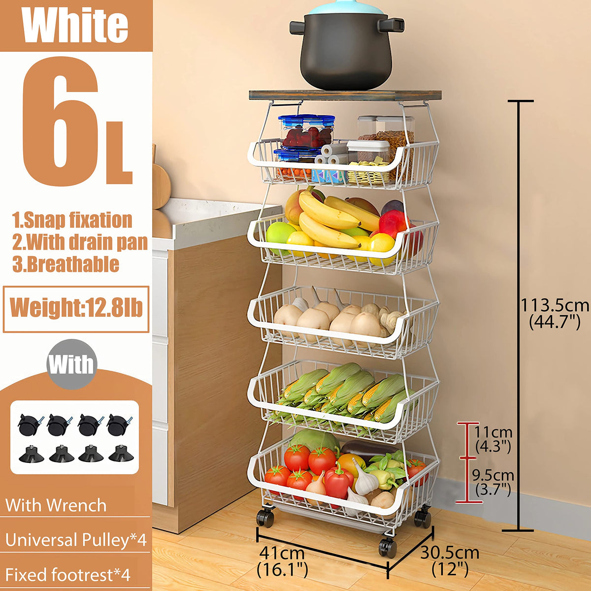 MURRI&MURRDI Fruit Vegetable Storage Basket with Wooden Lid, 6 Tier Stackable Kitchen Cart with