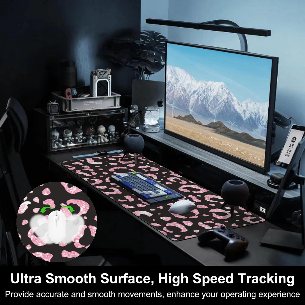 Mouse Pad, Large Rose Pink Leopard Printings Desk Mat, Extended Non-Slip Gaming Keyboard Mousepad
