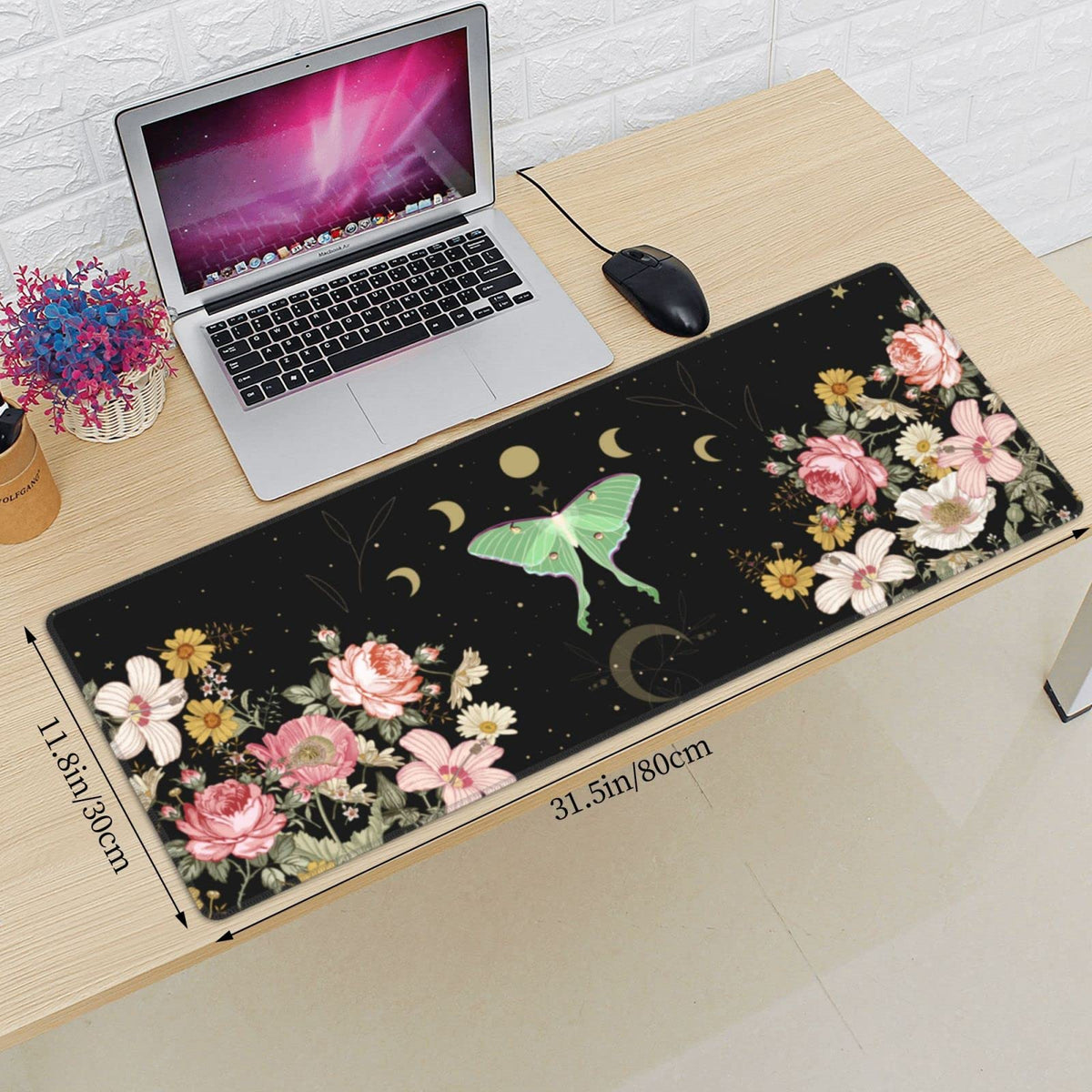 Moon Phase Moth Garden Black XXL XL Large Gaming Mouse Pad for Desk, Non-Slip Long Extended