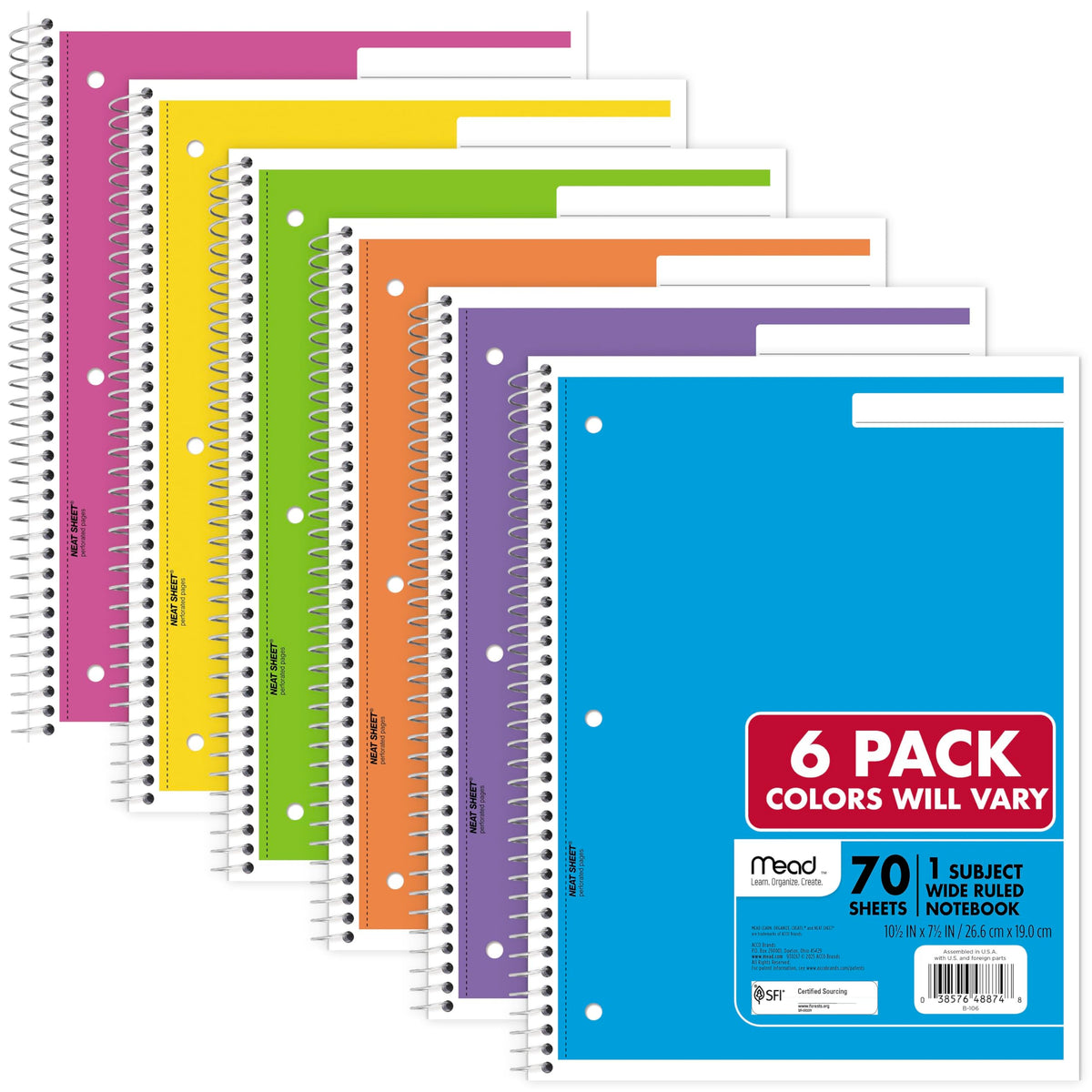 Mead Spiral Notebook, 1 Subject, Wide Ruled Paper, 8" x 10-1/2", 70 Sheets, Selected Colors Will