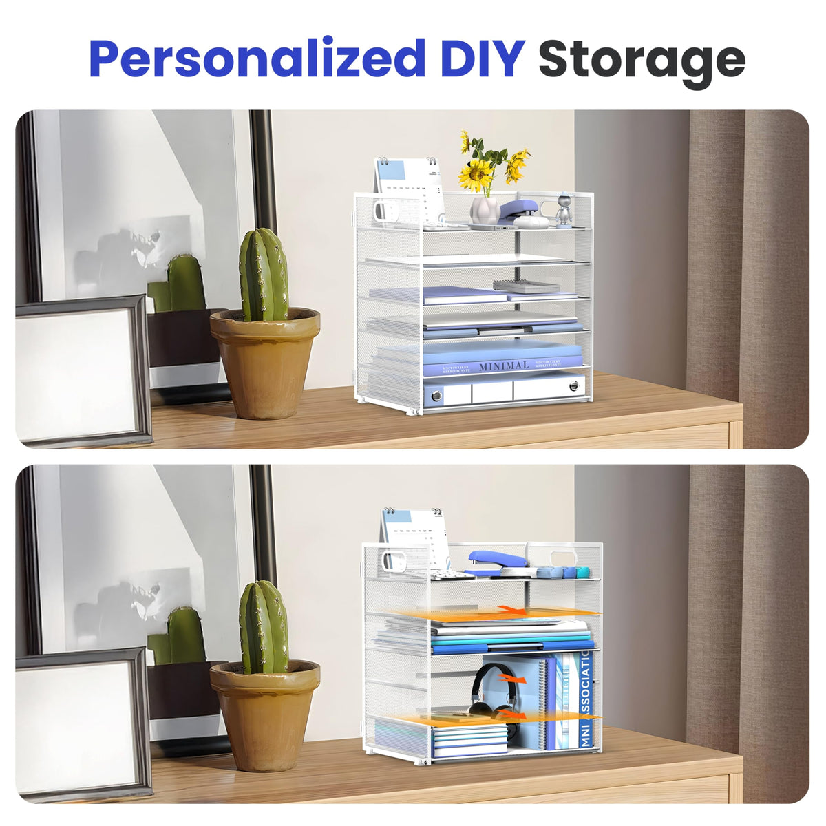Daltack 6-Tier Paper Organizer for Desk with Handle, White, 2 Pack