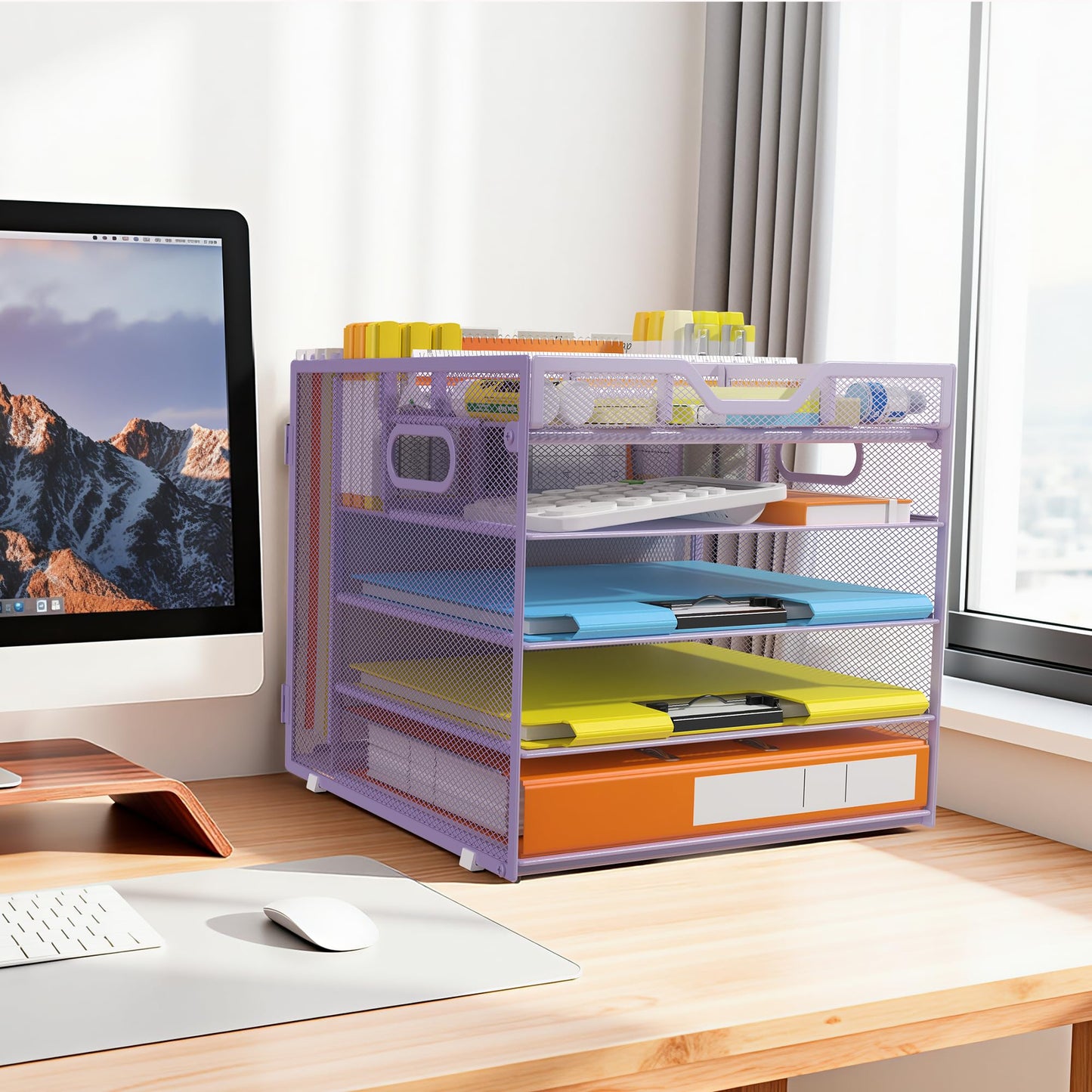 Docnest 5 Tier Desk Organizer with Hanging File Folder Holder&Tray, Purple