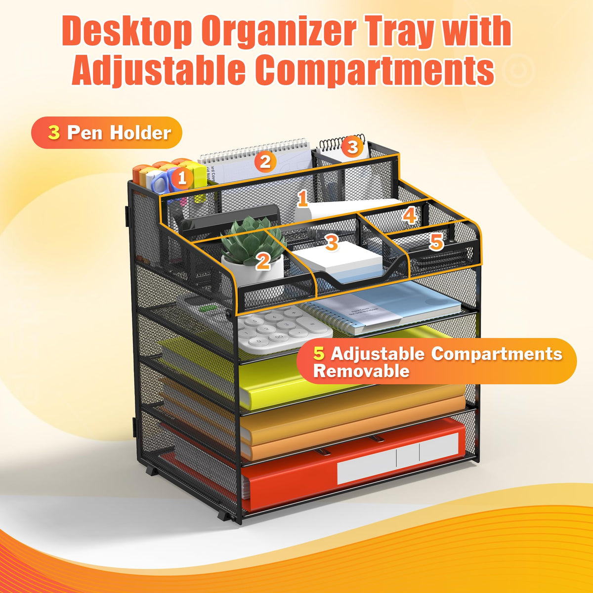 Docnest 5 Tier Mesh Desk Organizer with Letter Tray & Paper Sorter, Black