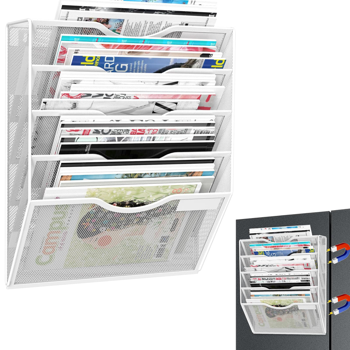 LQPAFZ 5-Tier Magnetic File Organizer, No Drilling Installation, White Magnetic Paper Holder