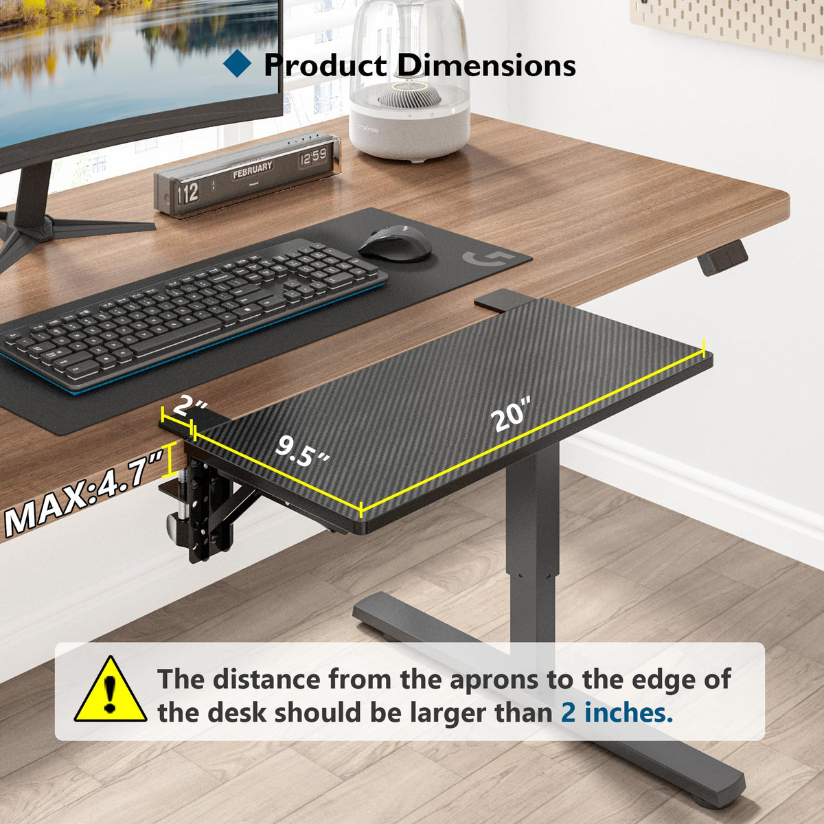 BONTEC Small Ergonomics Desk Extender Tray, 20 x 9.5 Inch, Black Carbon