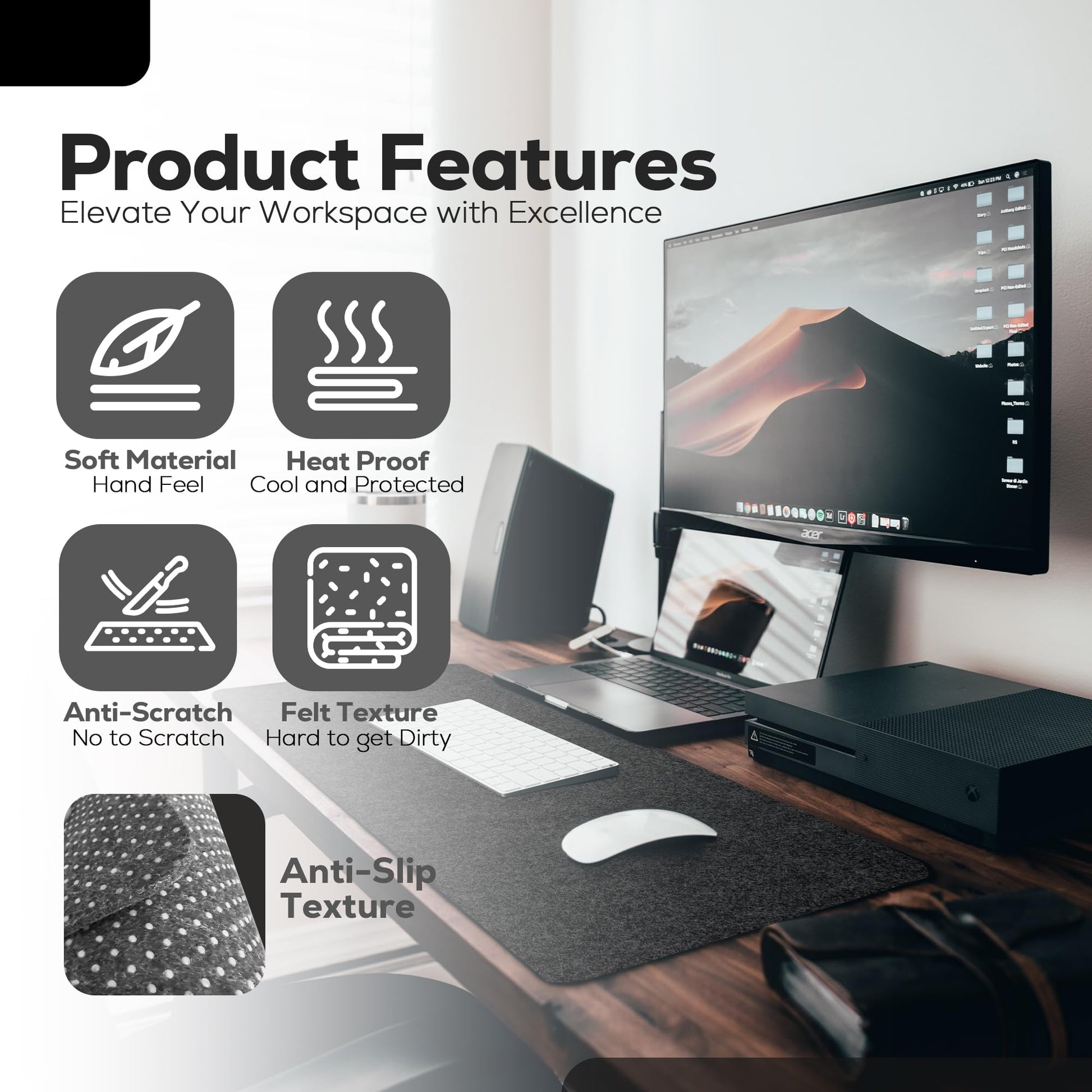 Felt Desk Mat - 31 x 15.7 Inches, Large Black Wool Desk Elbow Mouse Pad with Rugged Rubber Grip for