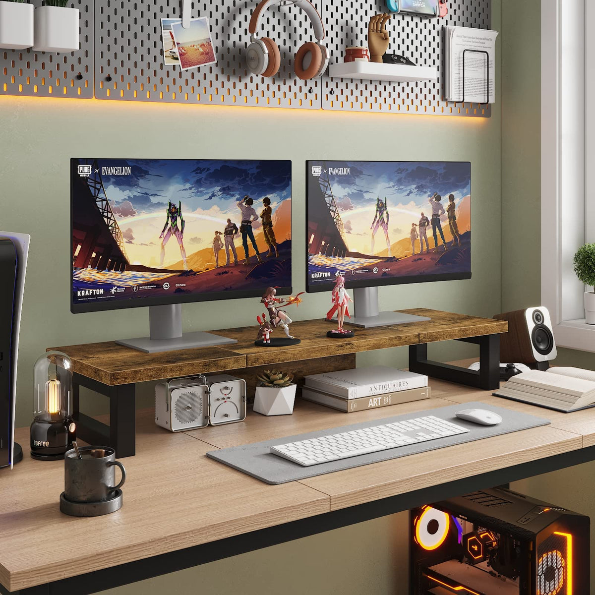 WESTREE Dual Monitor Stand Riser, Wood and Steel Monitor Stand Riser, Computer Monitor Stand for 2