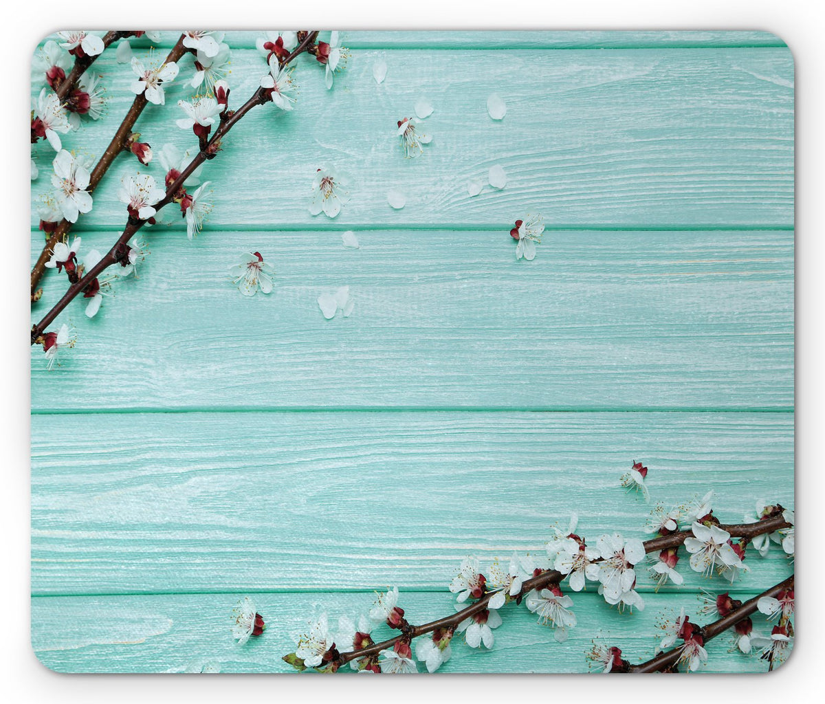 Lunarable Mint Mouse Pad, Spring Cherry Blossom Petals Branch on Rustic Wooden Planks Seasonal