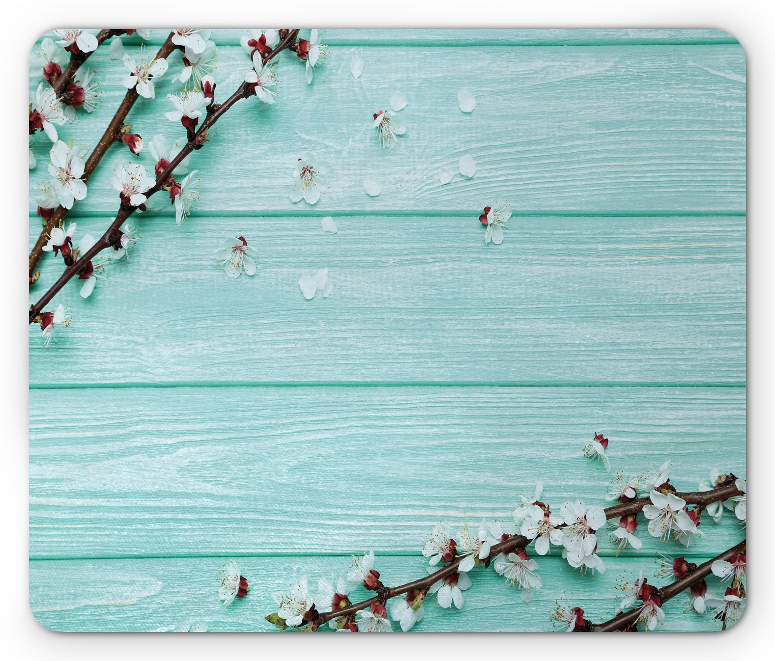 Lunarable Mint Mouse Pad, Spring Cherry Blossom Petals Branch on Rustic Wooden Planks Seasonal