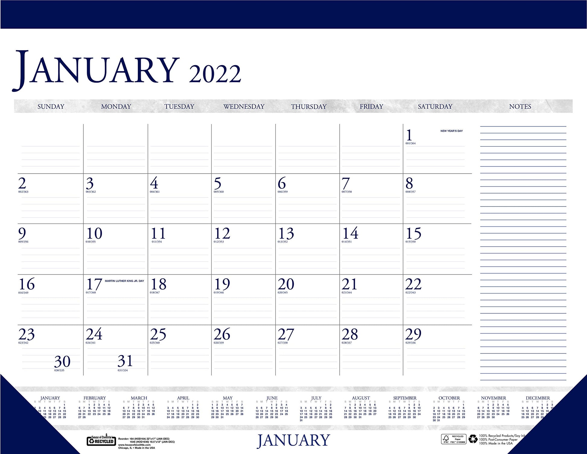 House of Doolittle 2022 Monthly Desk Pad Calendar, Classic With Notes Section, 22 x 17 Inches