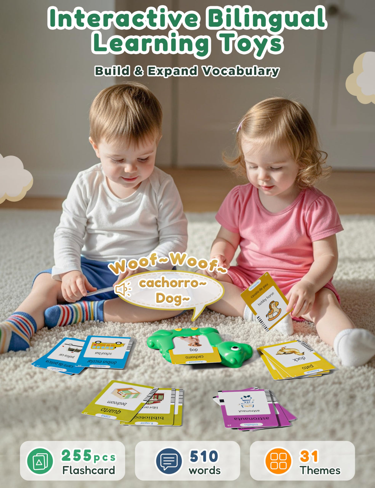 Portuguese and English Talking Flash Cards for Kids, 510 Words, Dino Shaped