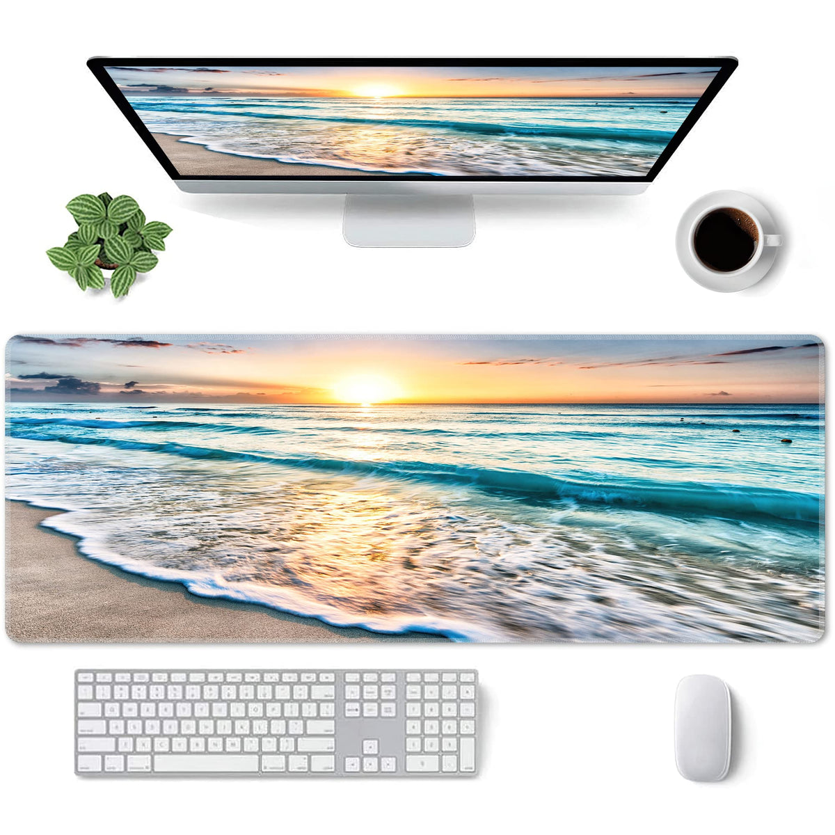 PTPLMM Sunrise Beach Wave Gaming Mouse Pad Large Desk Mat, 31.5x11.8in, XL
