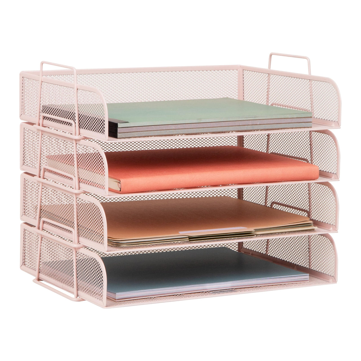 Mind Reader Stackable Paper Tray, Desktop Organizer, File Storage, Office, Metal Mesh, 4 Pcs., Pink