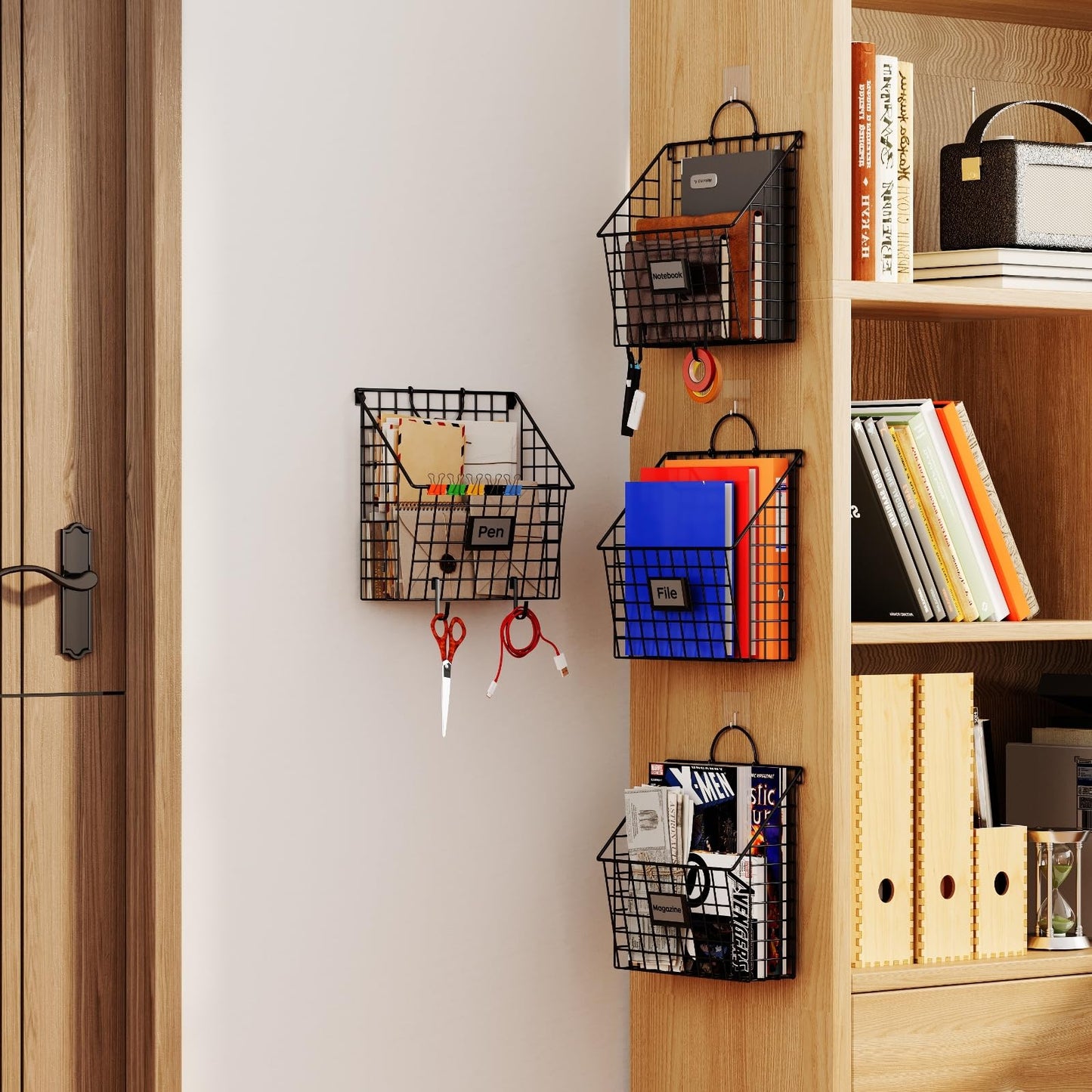 4 Packs Hanging Wall File Organizer with Hooks, Magazine Rack ,Mail Basket