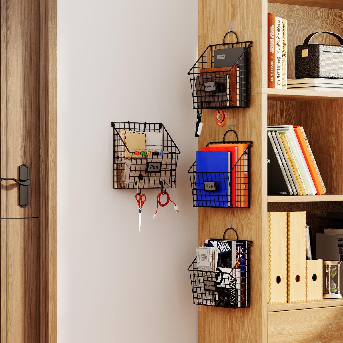 4 Packs Hanging Wall File Organizer with Hooks, Magazine Rack ,Mail Basket