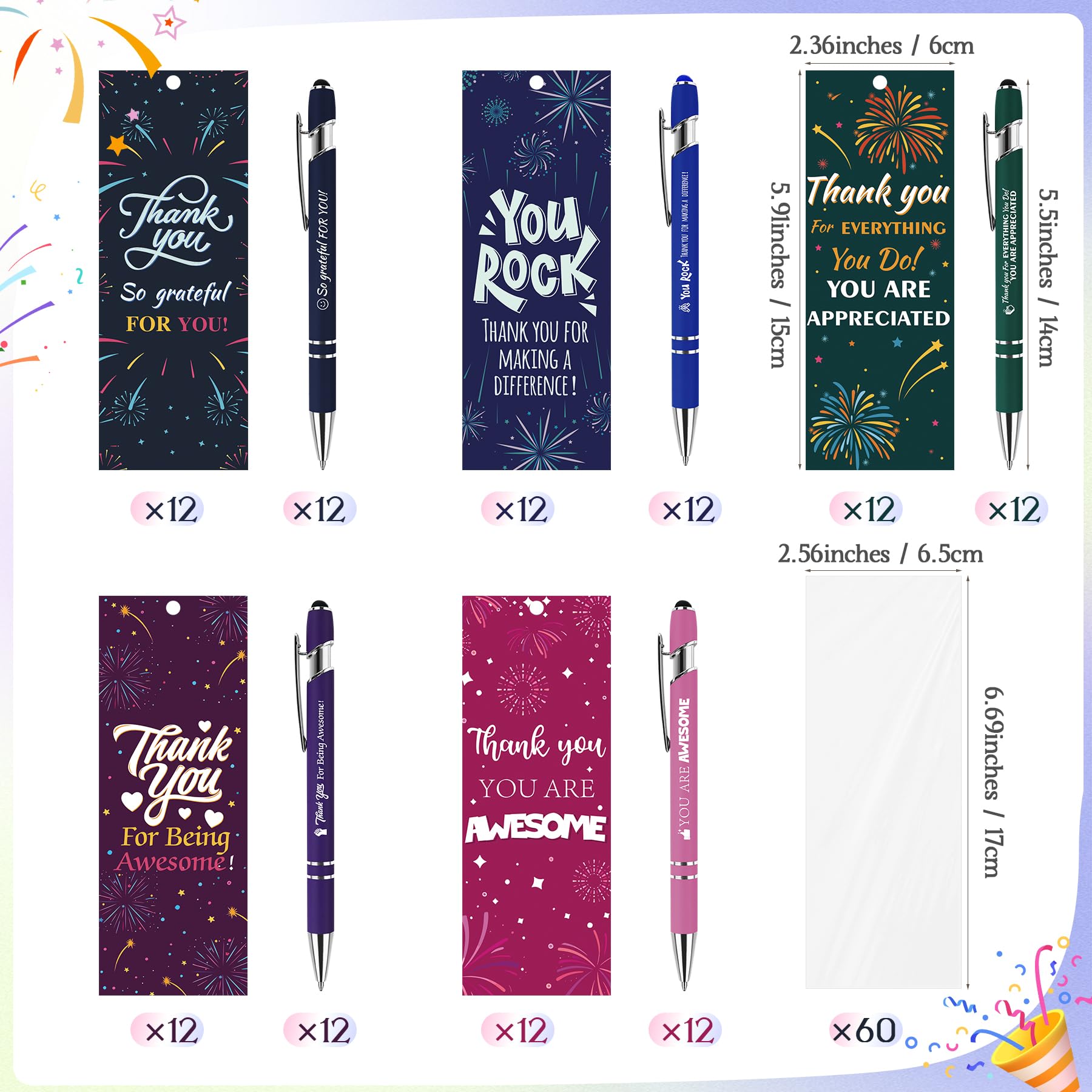 60 Sets Christmas Employee Appreciation Gifts Ballpoint Pens Bulk Black Ink Stylus Caps Bookmarks