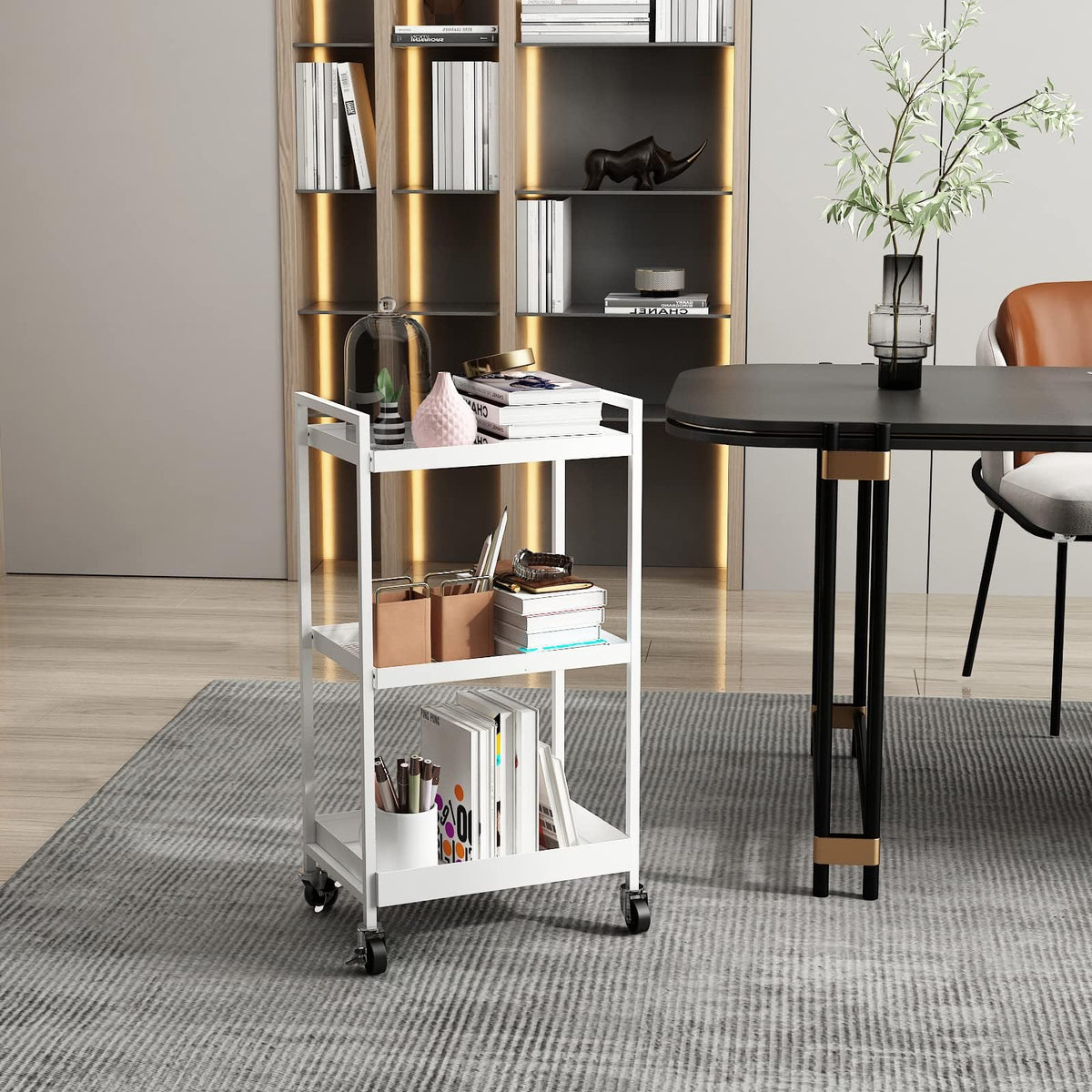 3-Tier Metal Utility Rolling Cart, Heavy Duty Multifunction Rectangular Cart with Lockable Casters