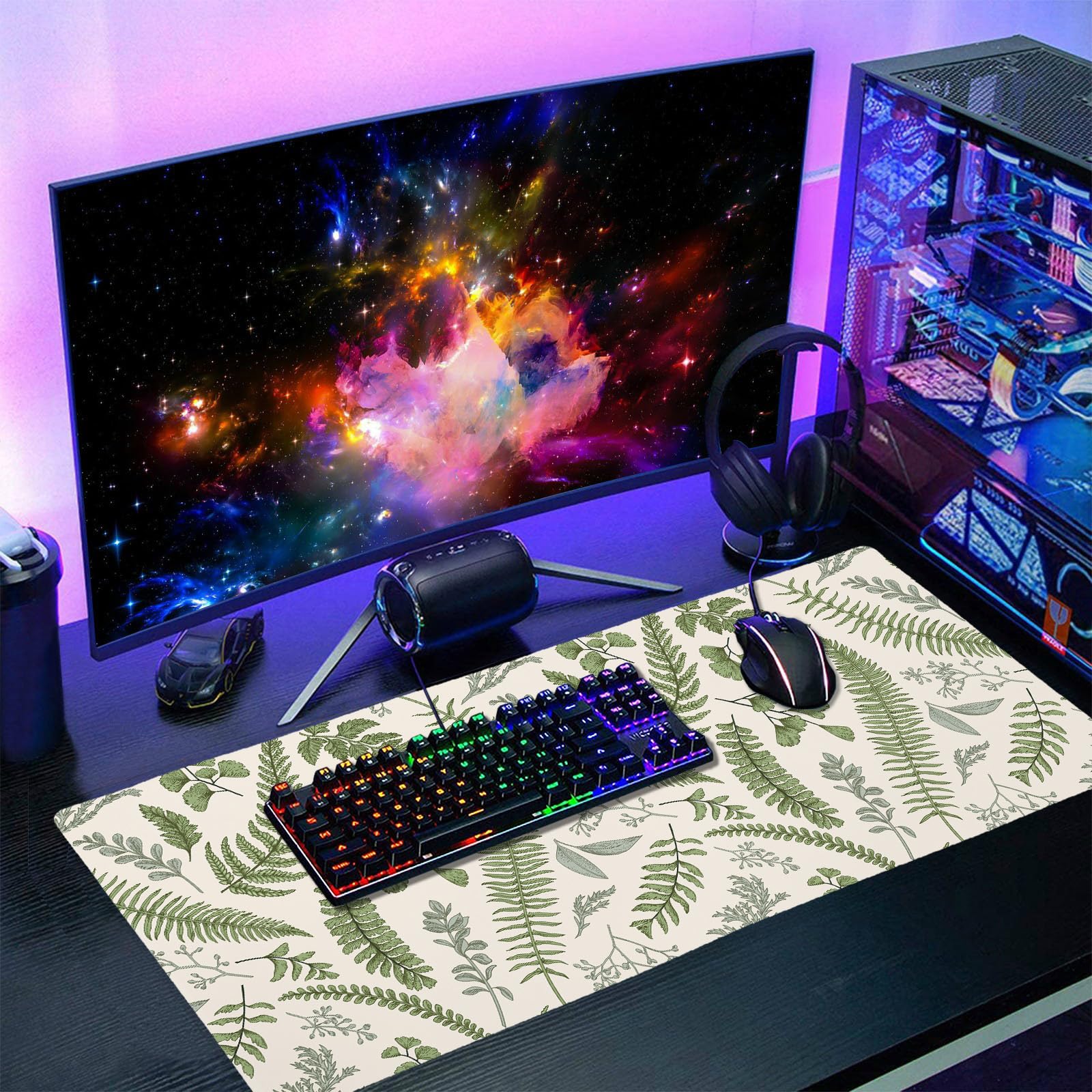 White Green Plant Flowers Mouse Pad XXL Tropical Fern Botanical Leaves Extended Desk Mat 90X40cm