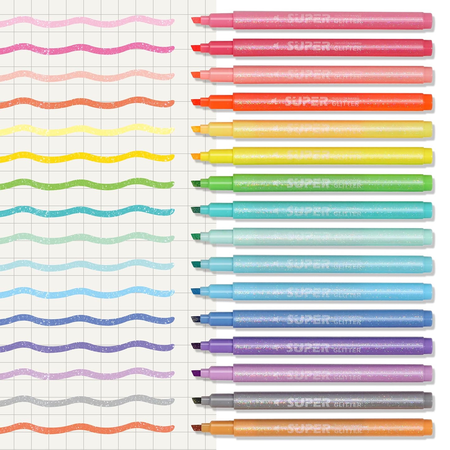 HANKU Glitter Highlighters, 16 Pack, Assorted Chisel Tip Aesthetic Markers