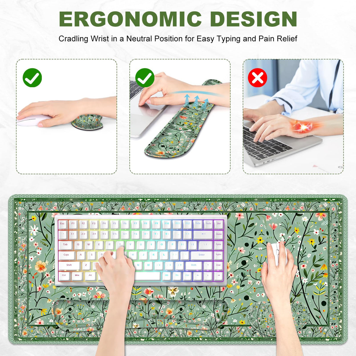 Lauspuck Floral Desk Mat, 4in1 Large Mouse Pad with Wrist Rest, Anti-Slip Desk Pad for Desktop, XXL