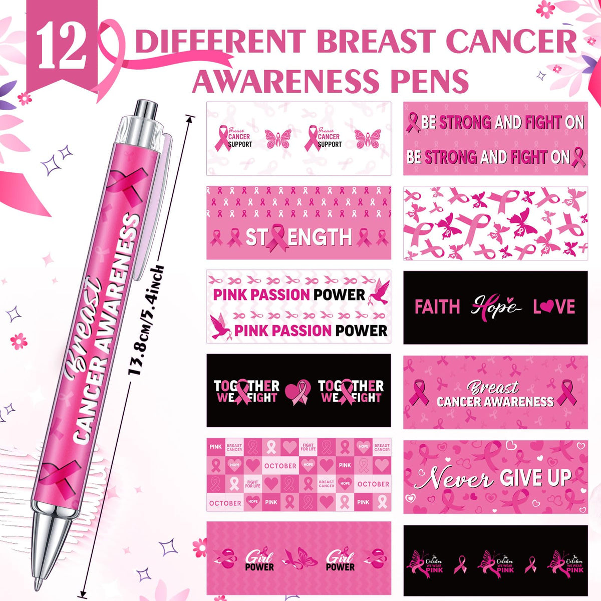 Cholemy 48 Pcs Breast Cancer Awareness Pens Bulk Pink Ribbon Ballpoint Pens