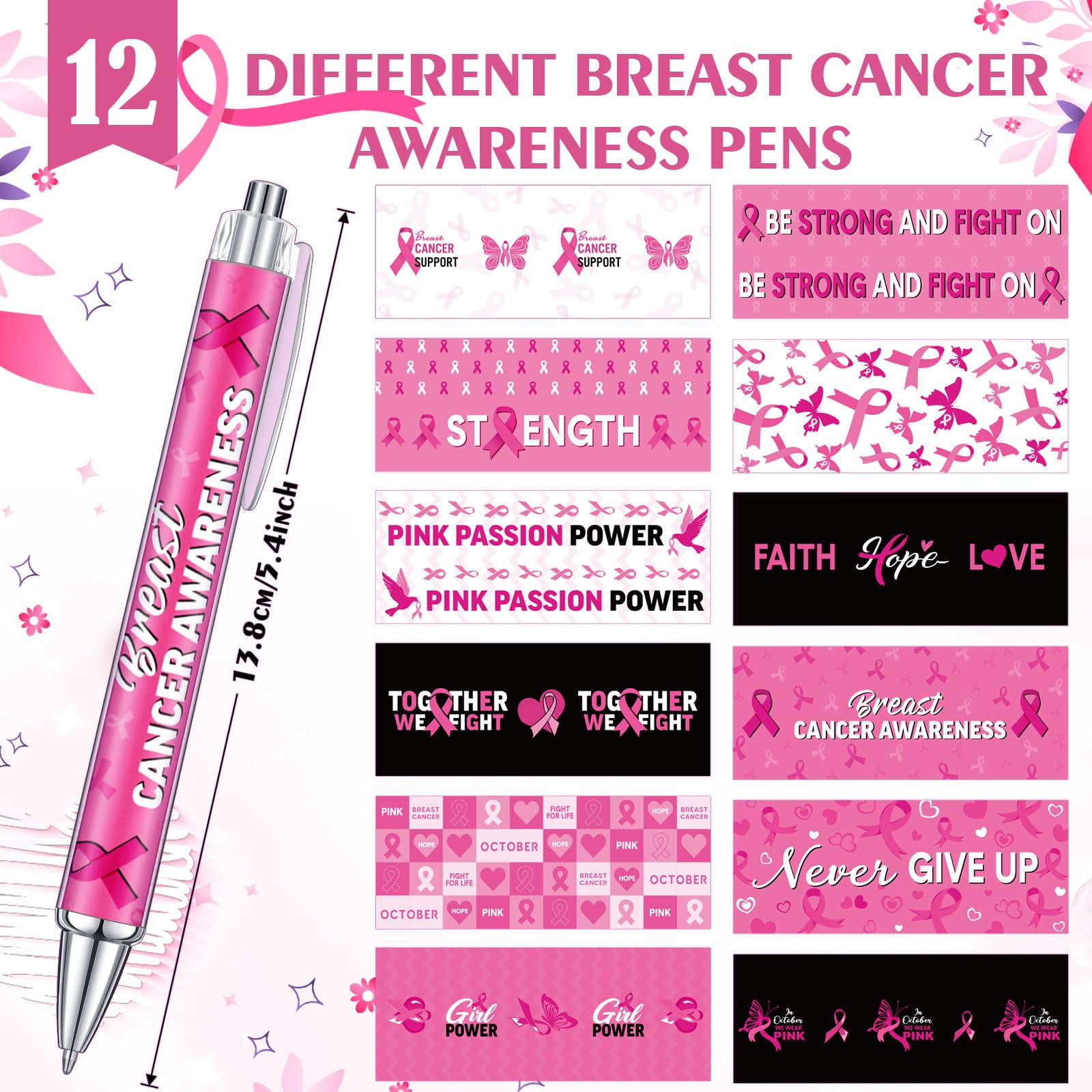 Cholemy 48 Pcs Breast Cancer Awareness Pens Bulk Pink Ribbon Ballpoint Pens