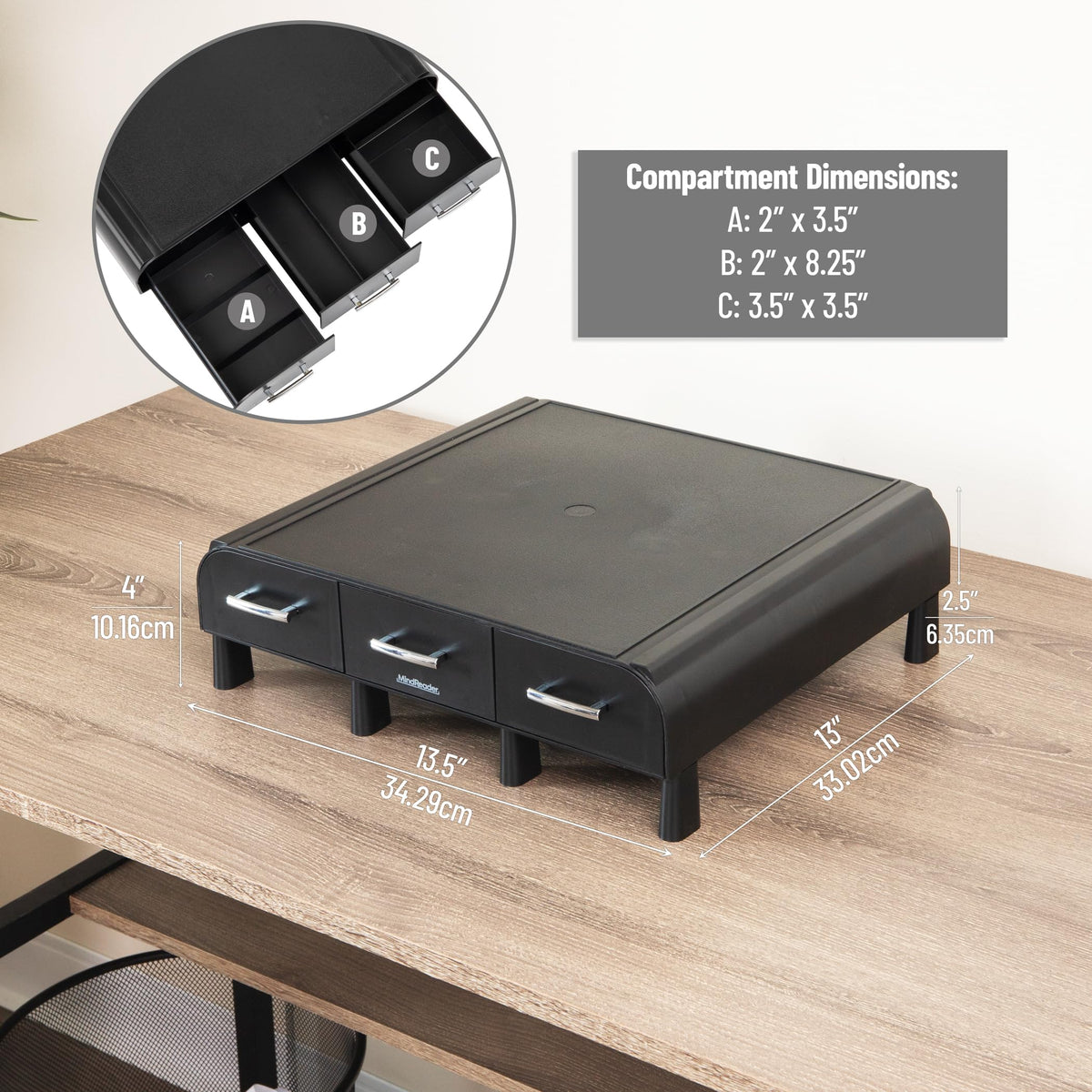 Mind Reader Monitor Stand, 3 Storage Drawers, Desktop Organizer, Riser, Office, 13.5"L x 13"W x