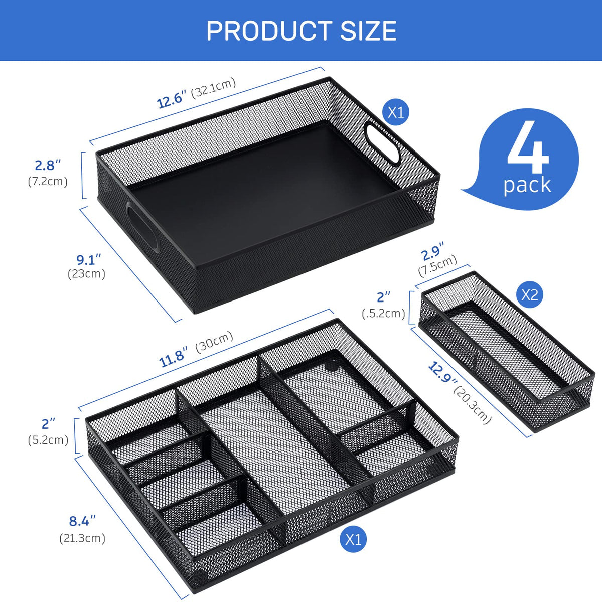 Neudeco Desk Drawer Organizer, 4 Pack Metal Mesh, Black