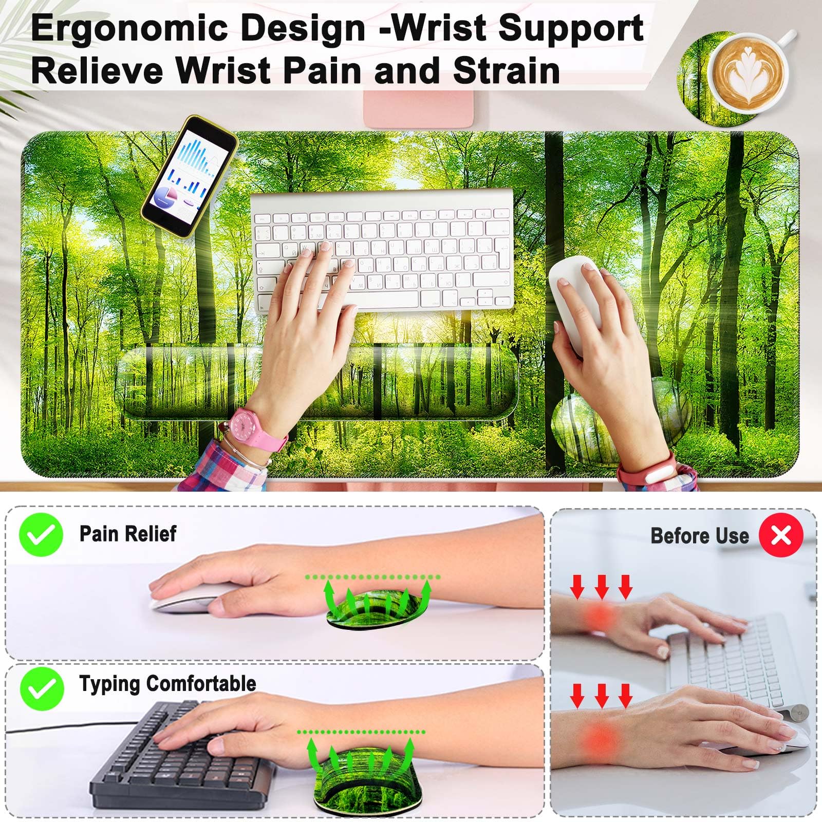 4 in 1 Mouse Pad and Keyboard Wrist Rest,Large Desk Mat,Coaster Set-Forest