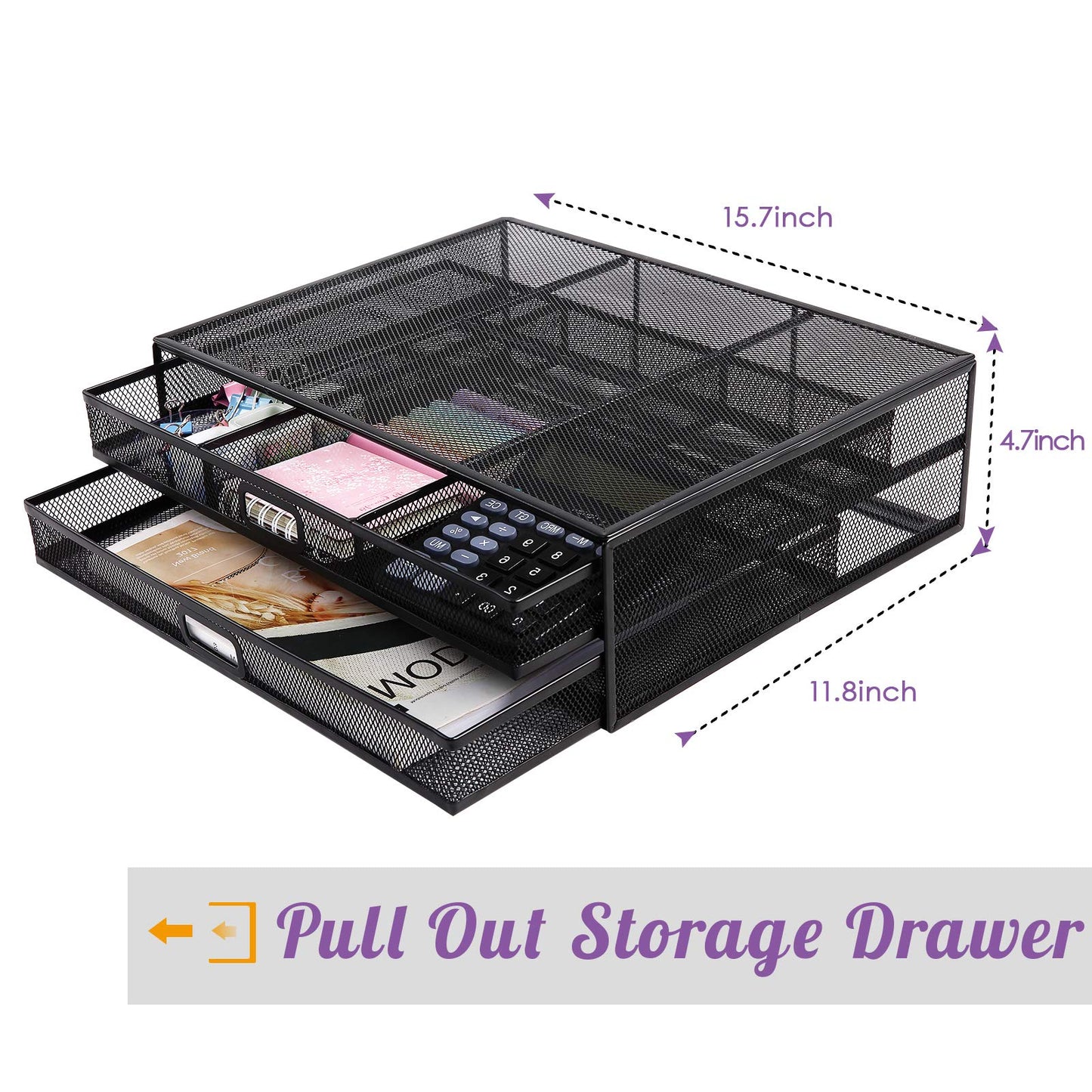AEGISMILE Desktop Monitor Stand Riser with Drawer Metal Mesh Computer Desk Organizer with Dual Pull