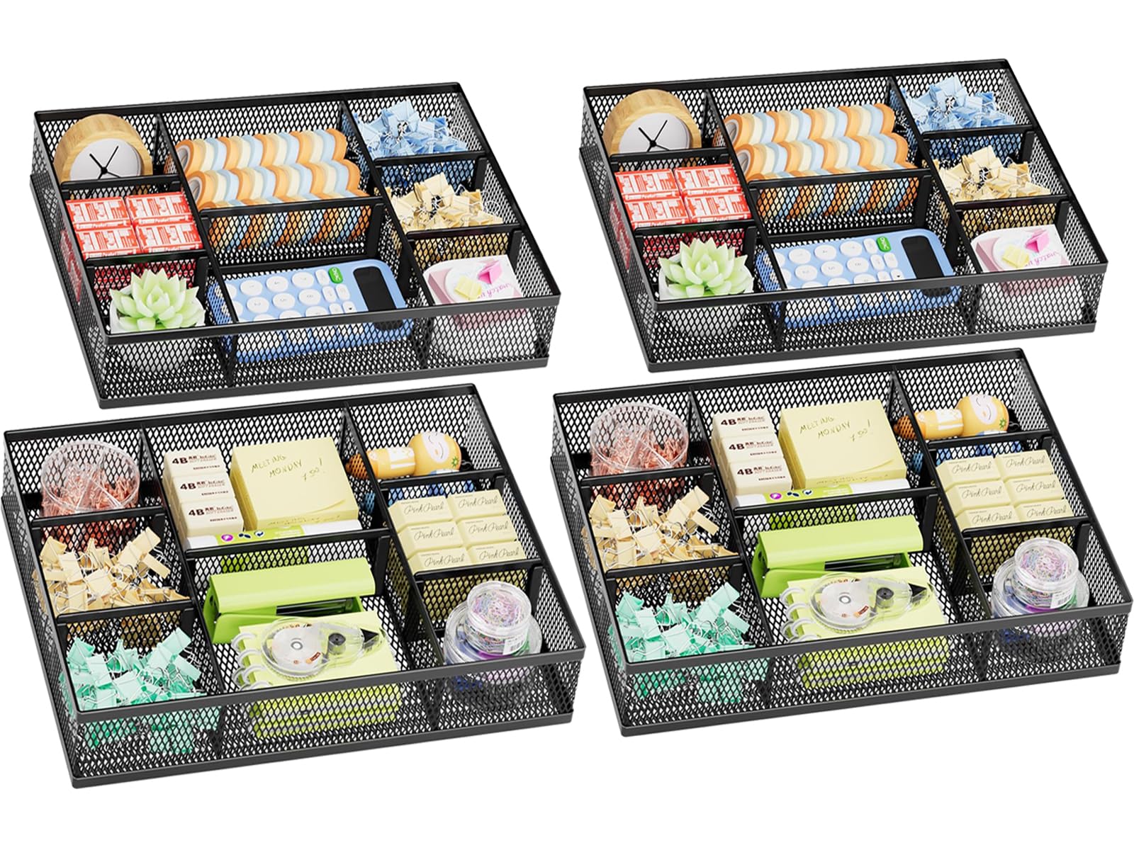 Marbrasse 2 Pack Desk Drawer Organizer, Mesh Drawer Organizer Tray with 8 Adjustable Compartments