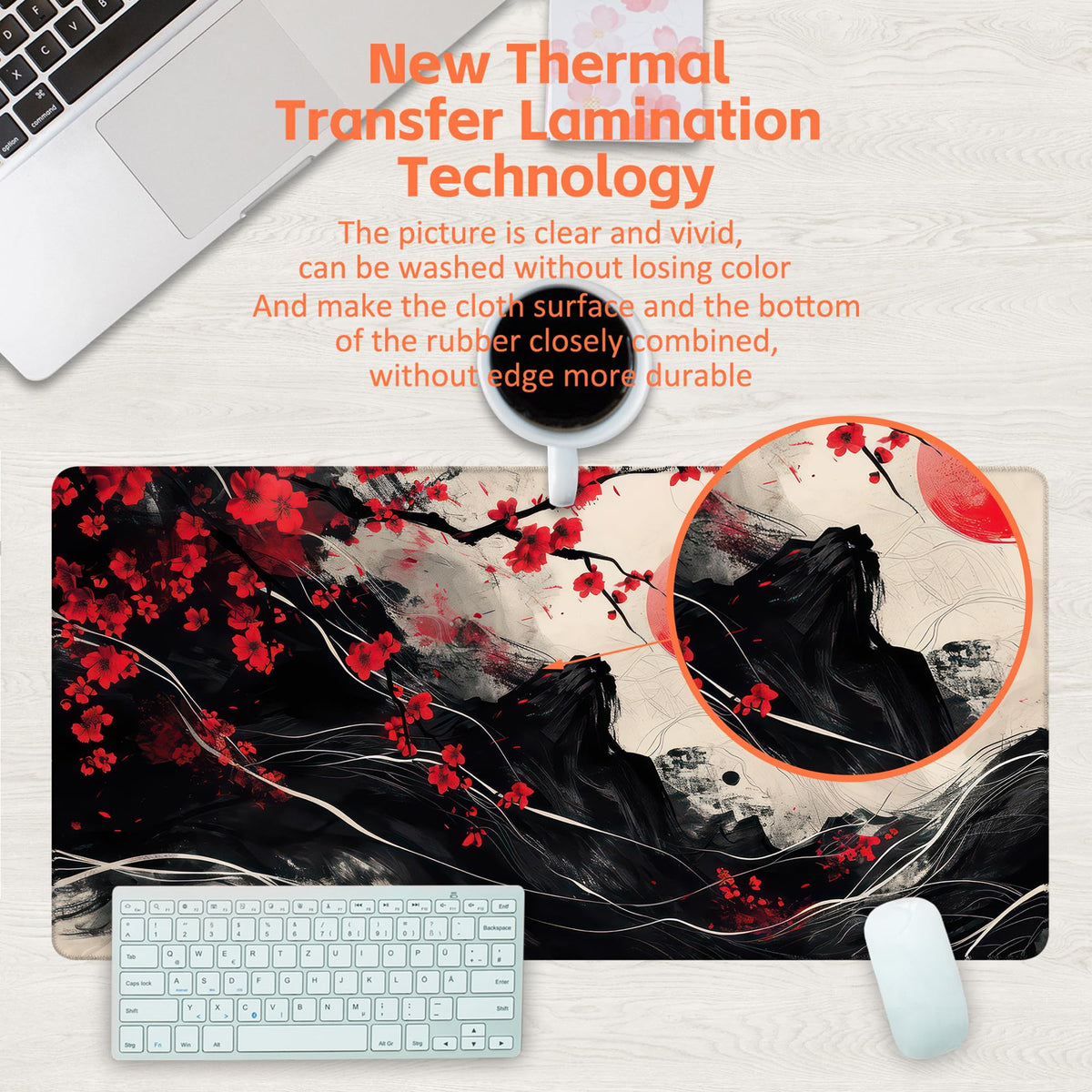 KOAIWPAE Desk Pad, Black Red Ink Painting Desk Mat, Cherry Blossom Trees Sun Waves Large Gaming