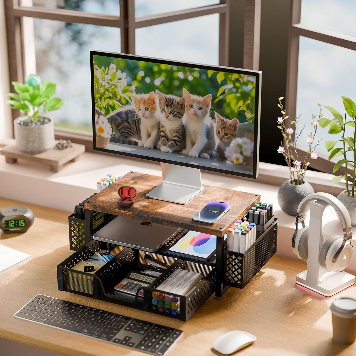 Simple Trending Monitor Stand with Drawer, 2-Tier Laptop Stand, Wood