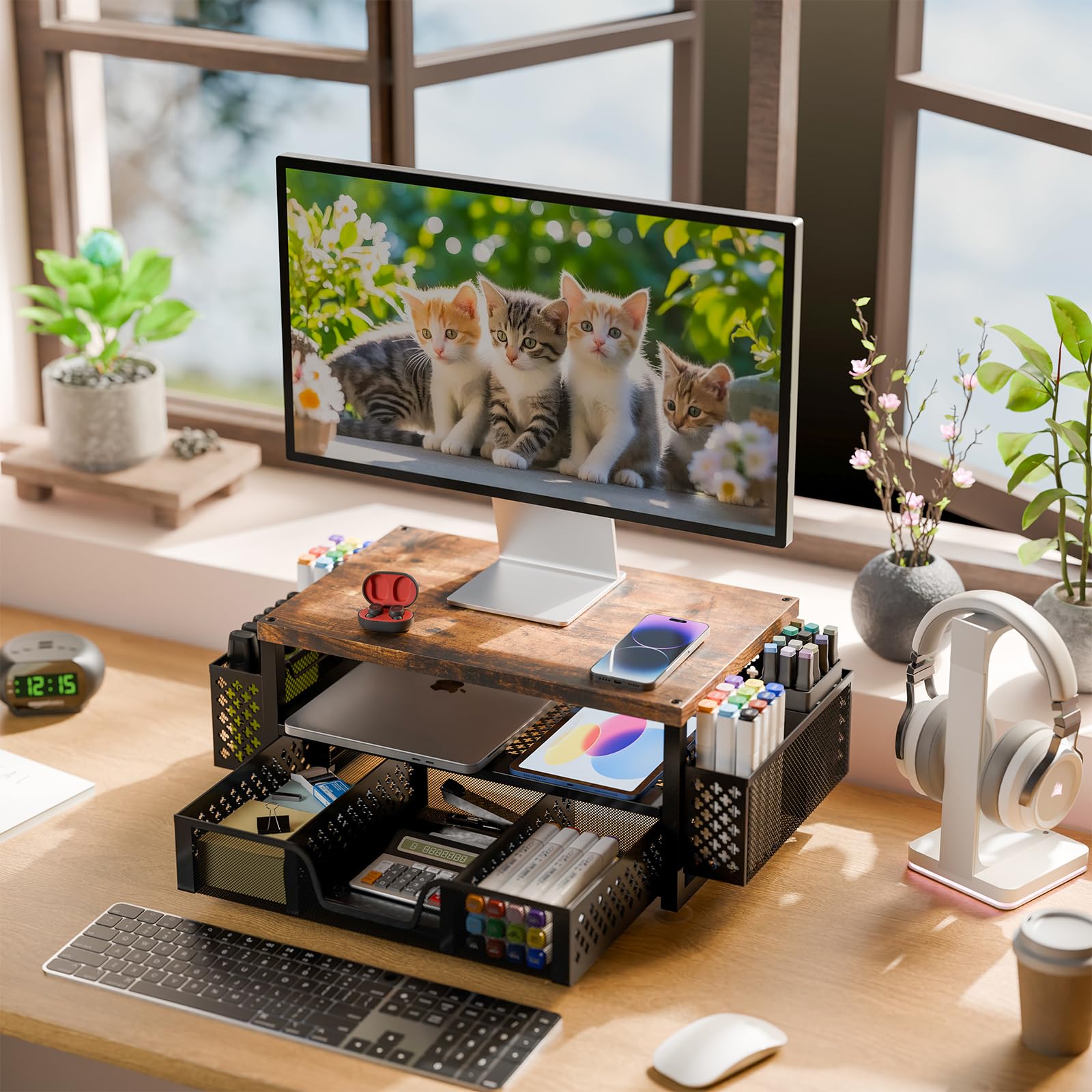 Simple Trending Monitor Stand with Drawer, 2-Tier Laptop Stand, Wood