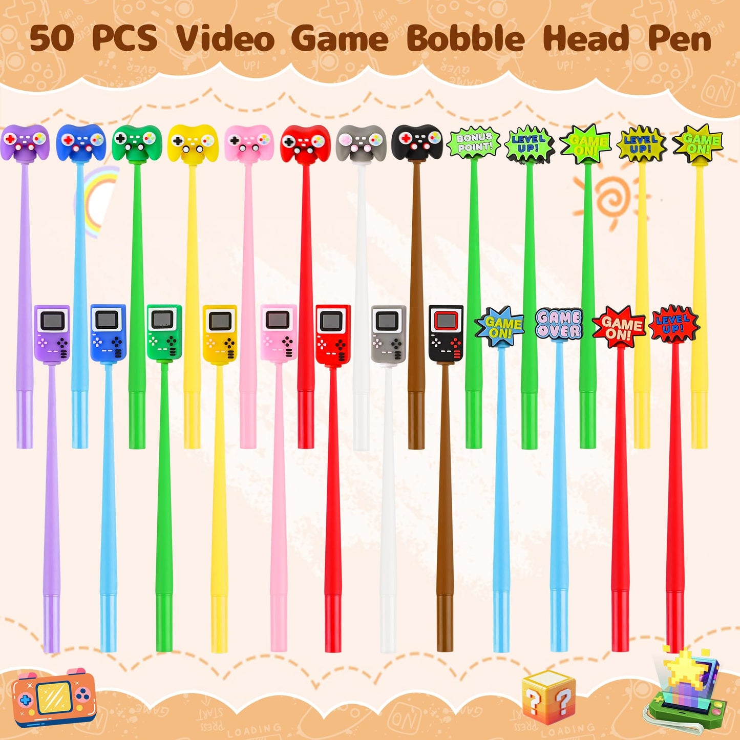 LiYiQ 50 Pcs Video Game Stress Relief Bobblehead Pens Games Handle Level Up Games Console Shape